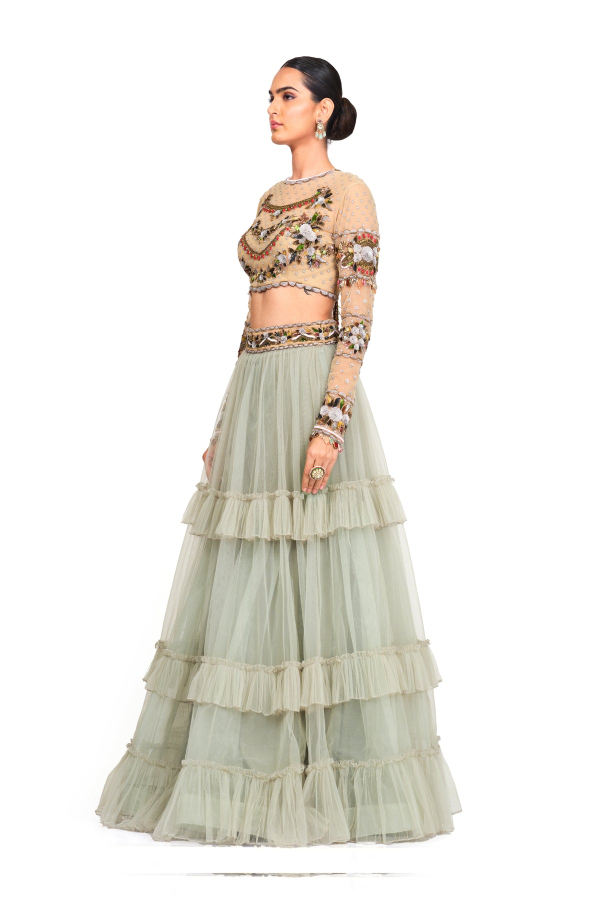 Hand Embroidered Blouse With Tulle Lehenga