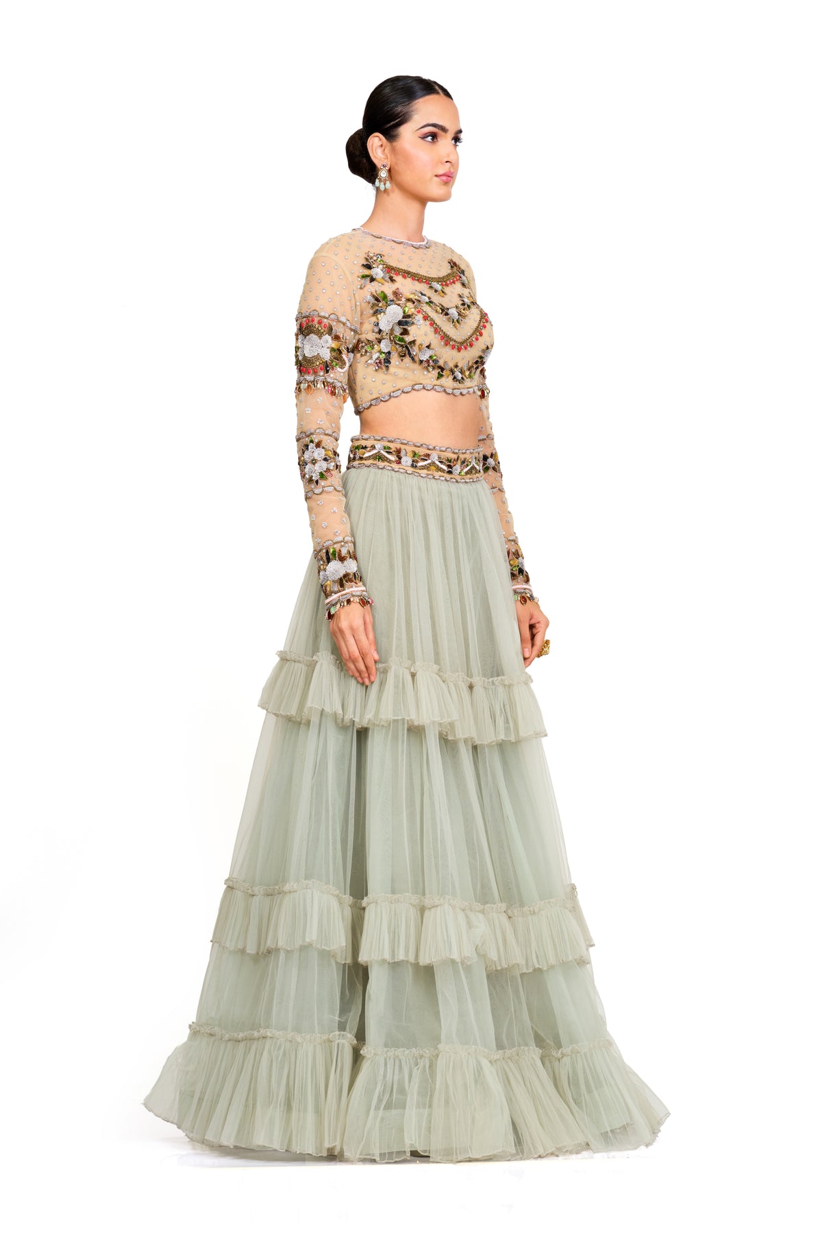 Hand Embroidered Blouse With Tulle Lehenga