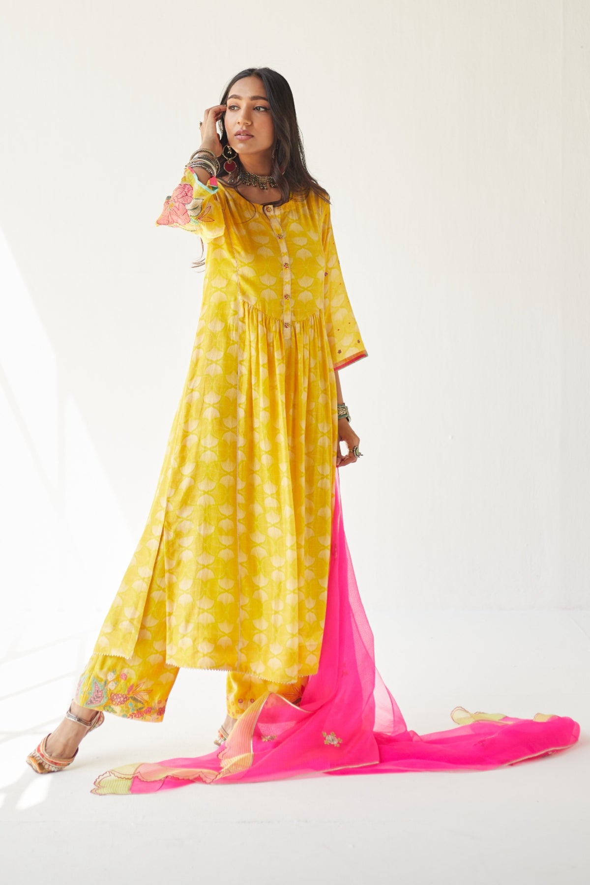 Yellow Front Puckering Kurta Set