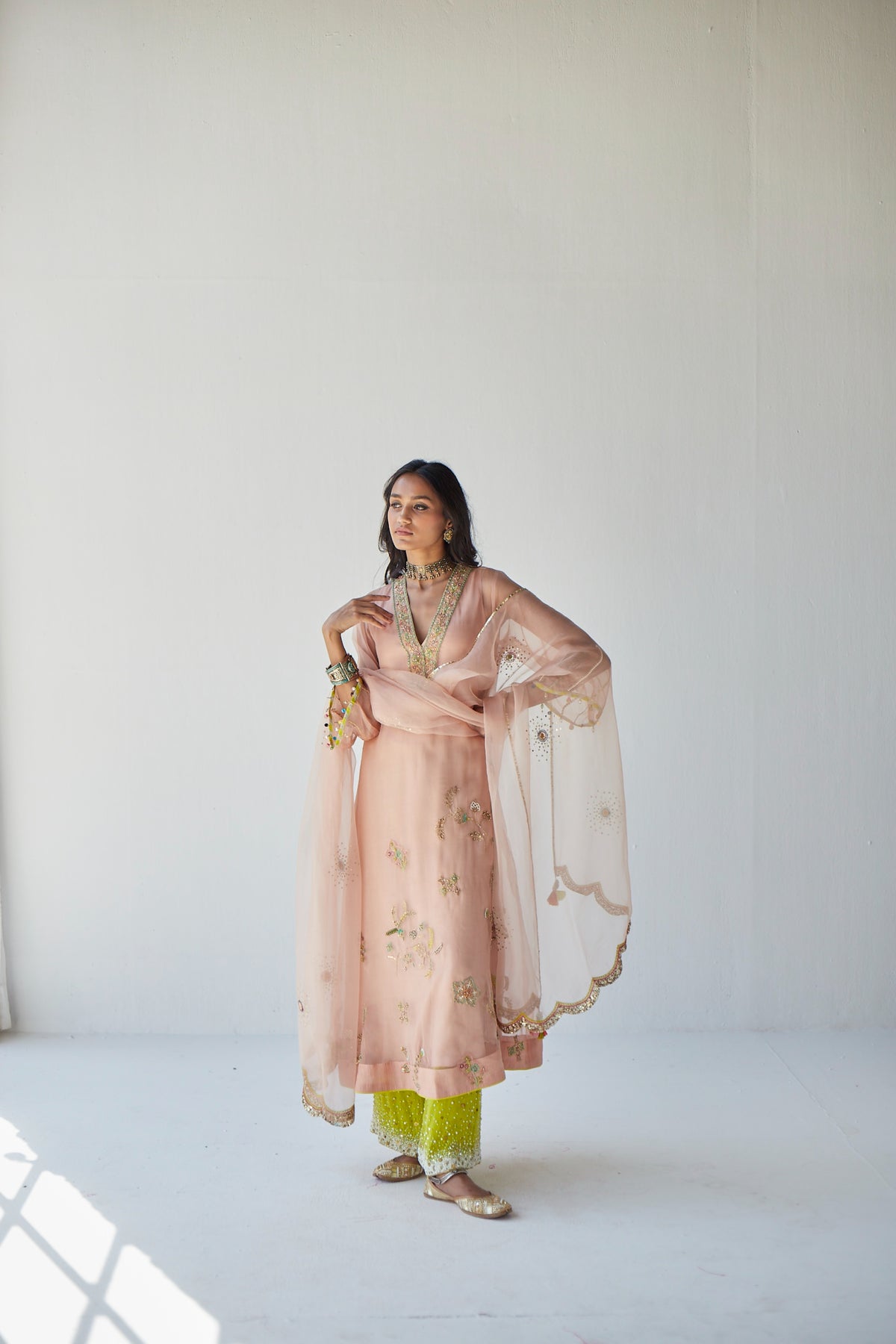 Nude pink jaal organza kurta