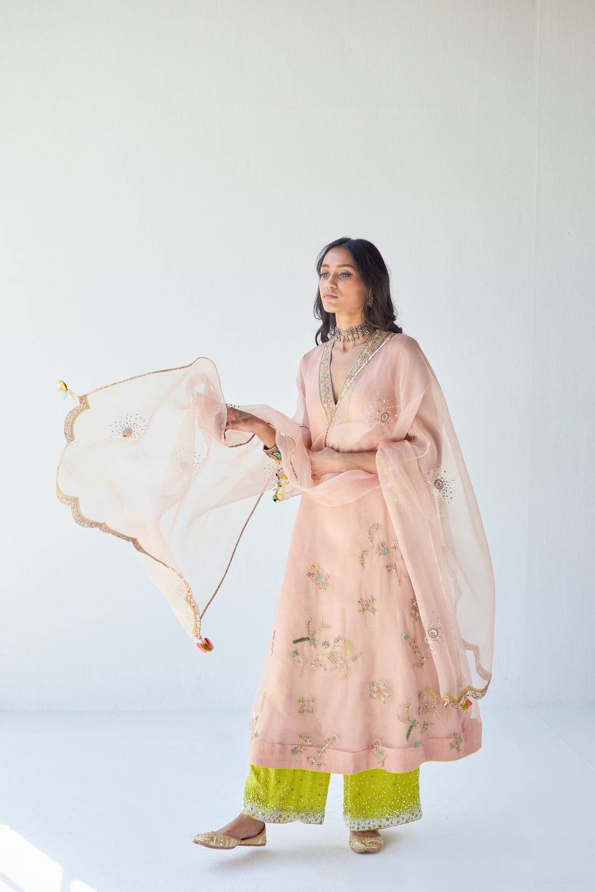 Nude pink jaal organza kurta