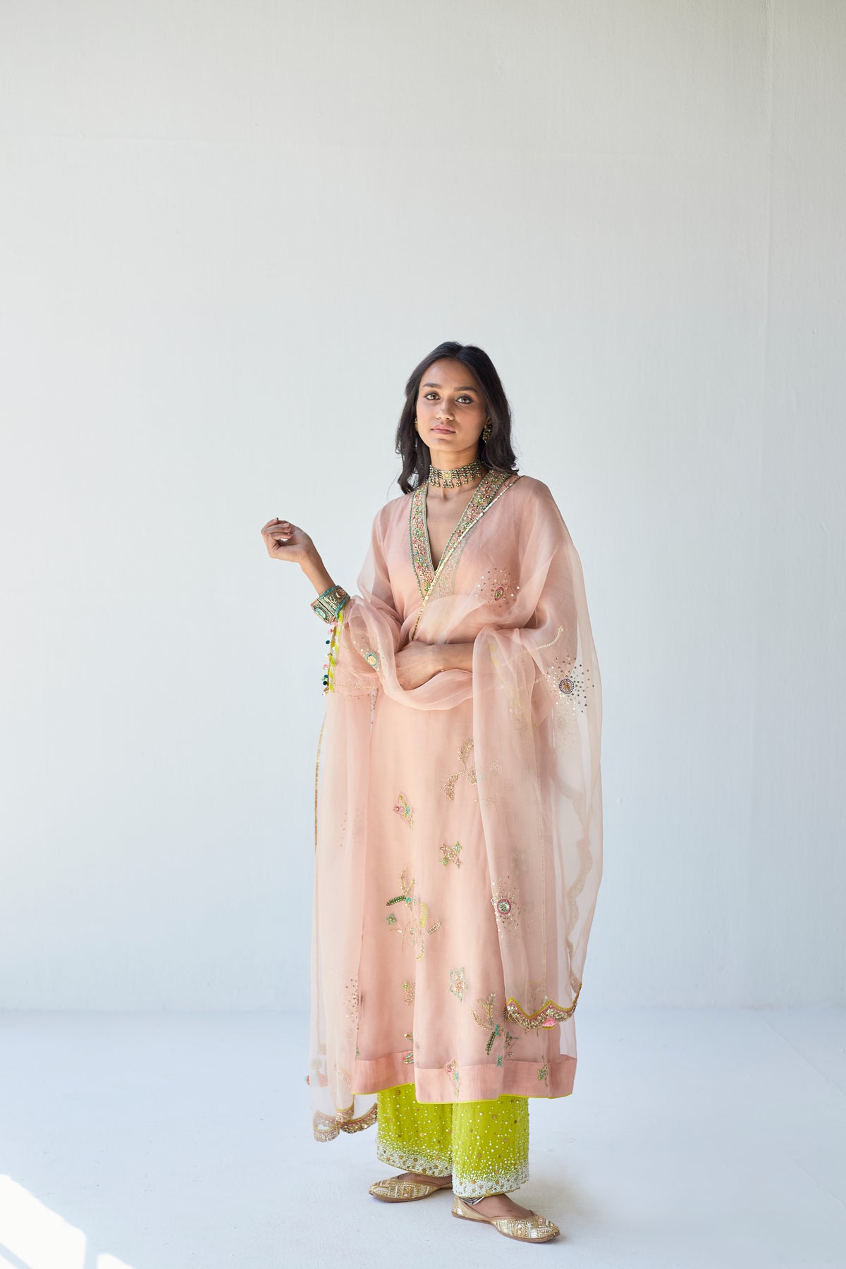 Nude pink jaal organza kurta