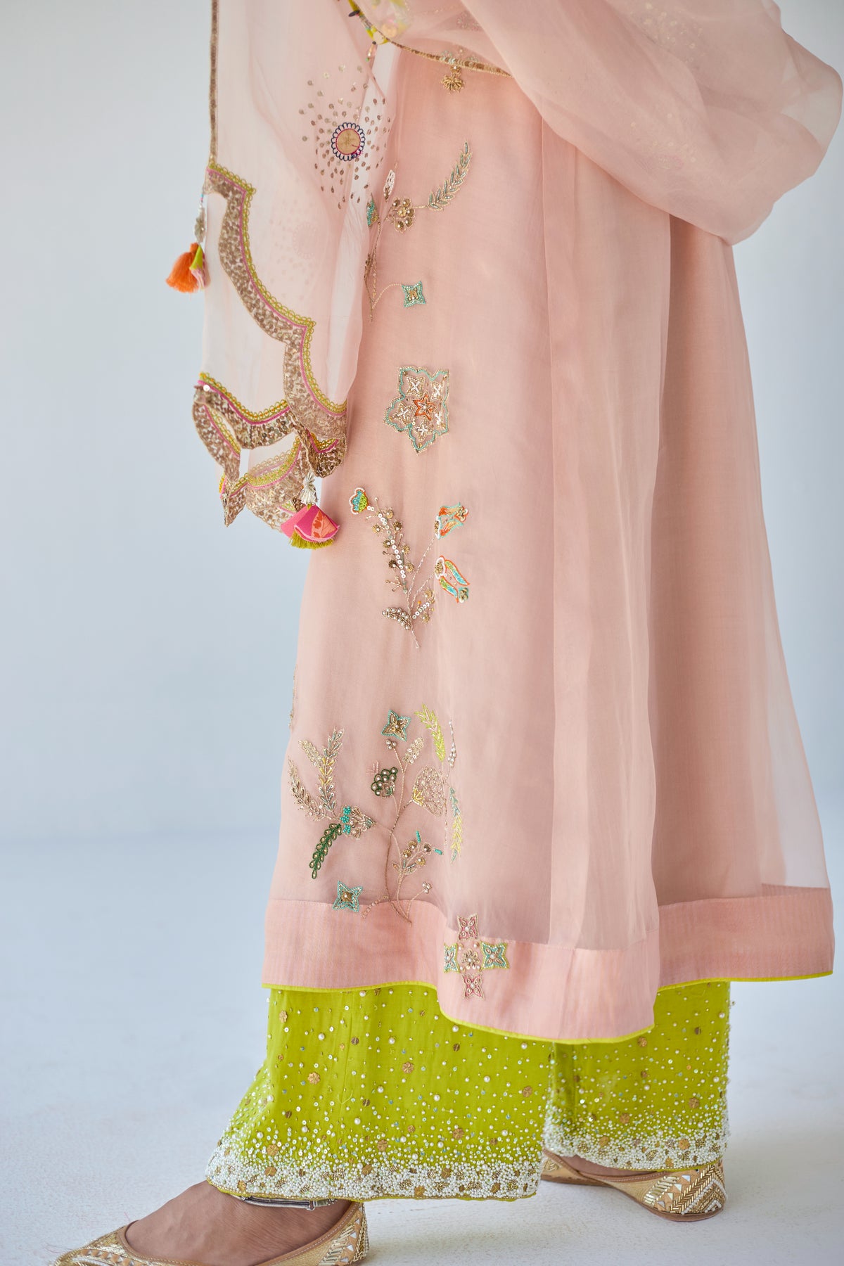 Nude pink jaal organza kurta