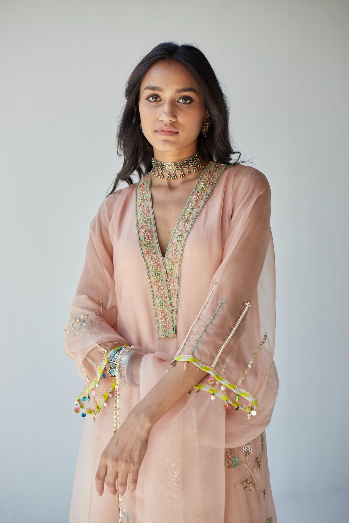 Nude pink jaal organza kurta