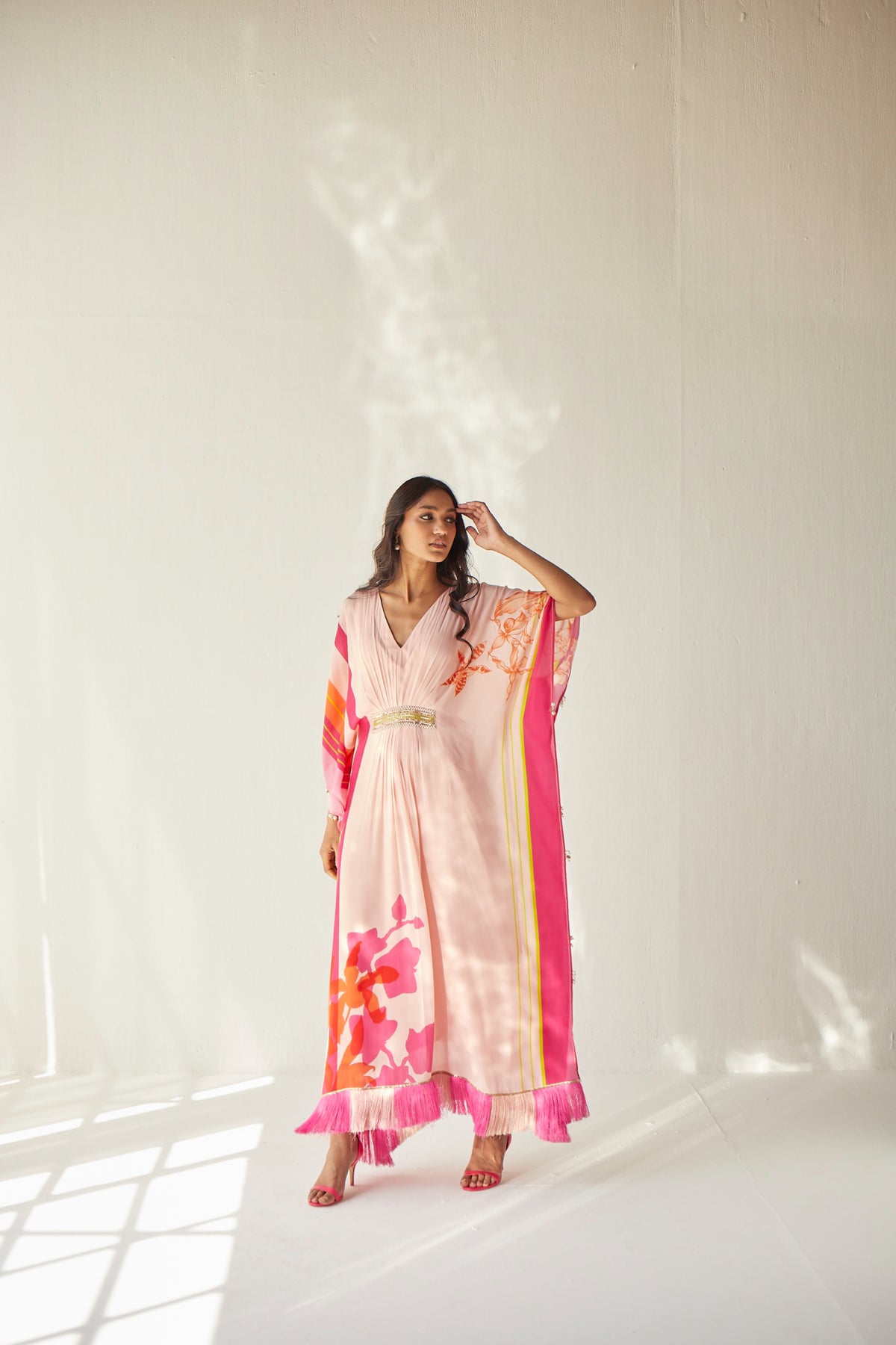 Nude pink belt kaftan