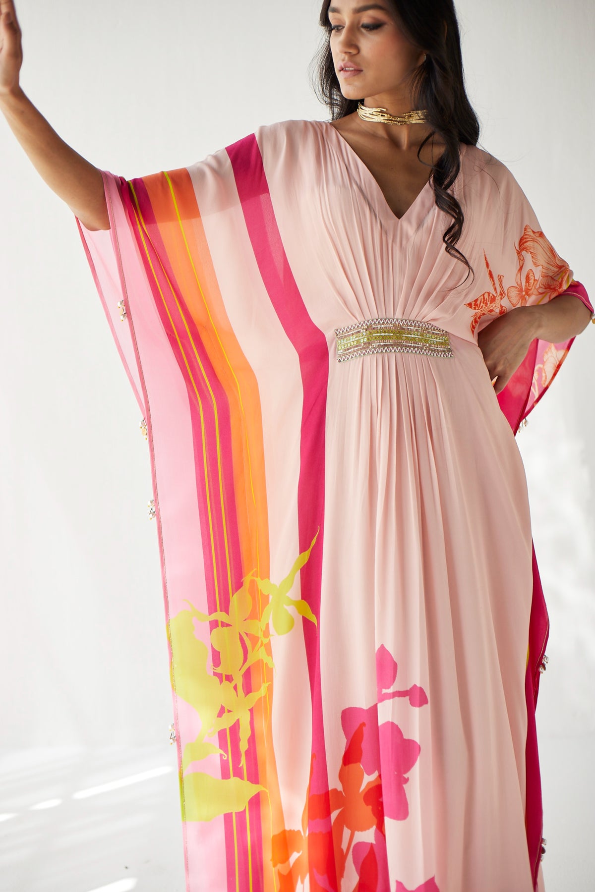 Nude pink belt kaftan