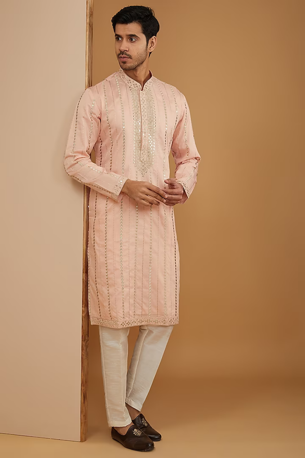 Peach Mirror Embroidered Kurta Set