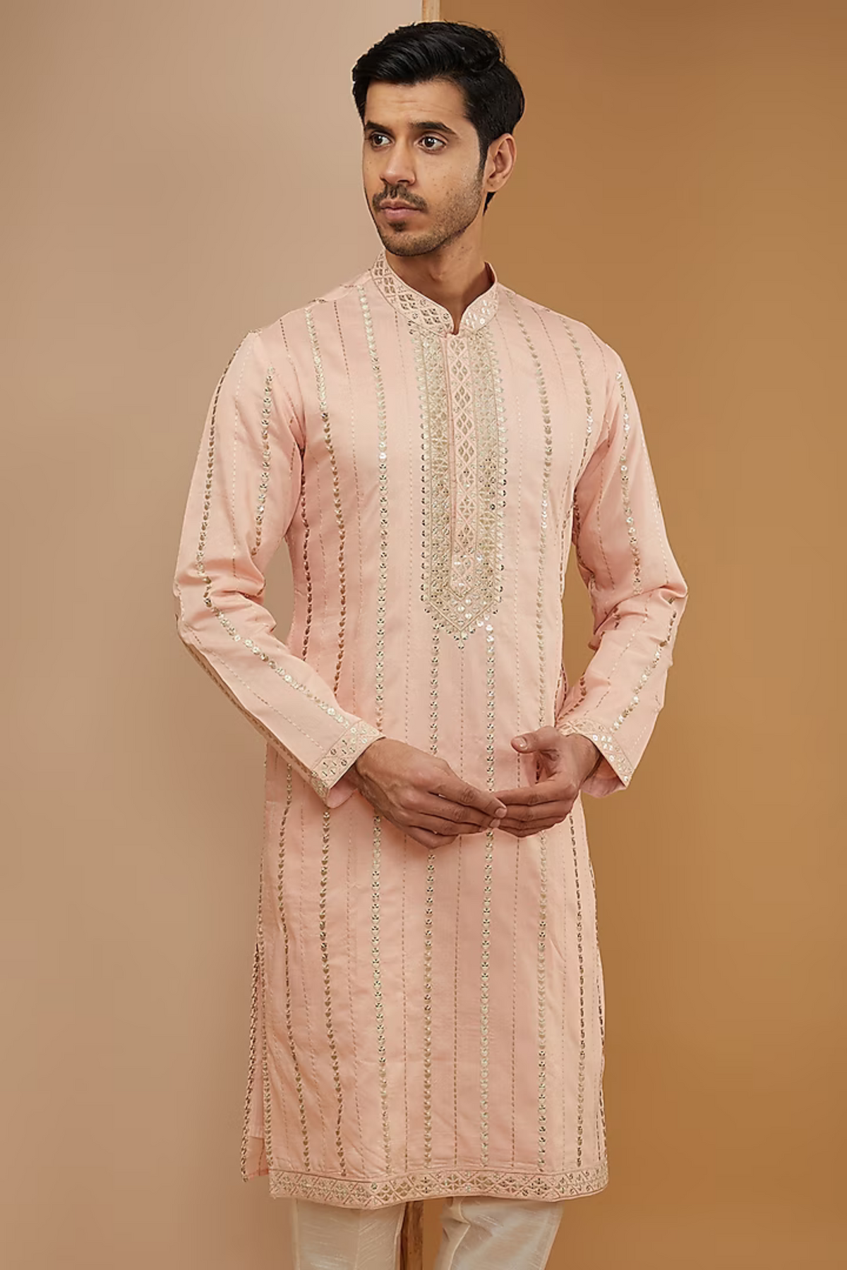 Peach Mirror Embroidered Kurta Set