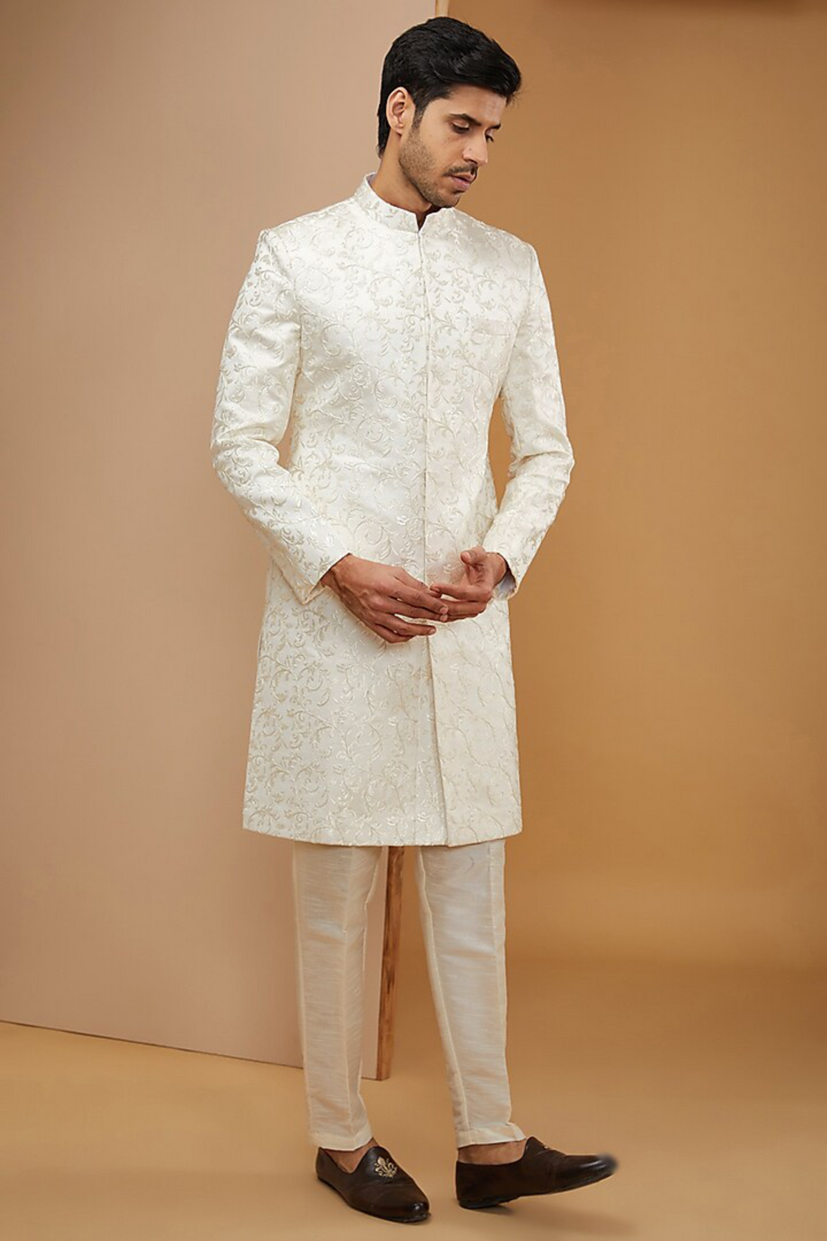 White Embroidered Achkan Set