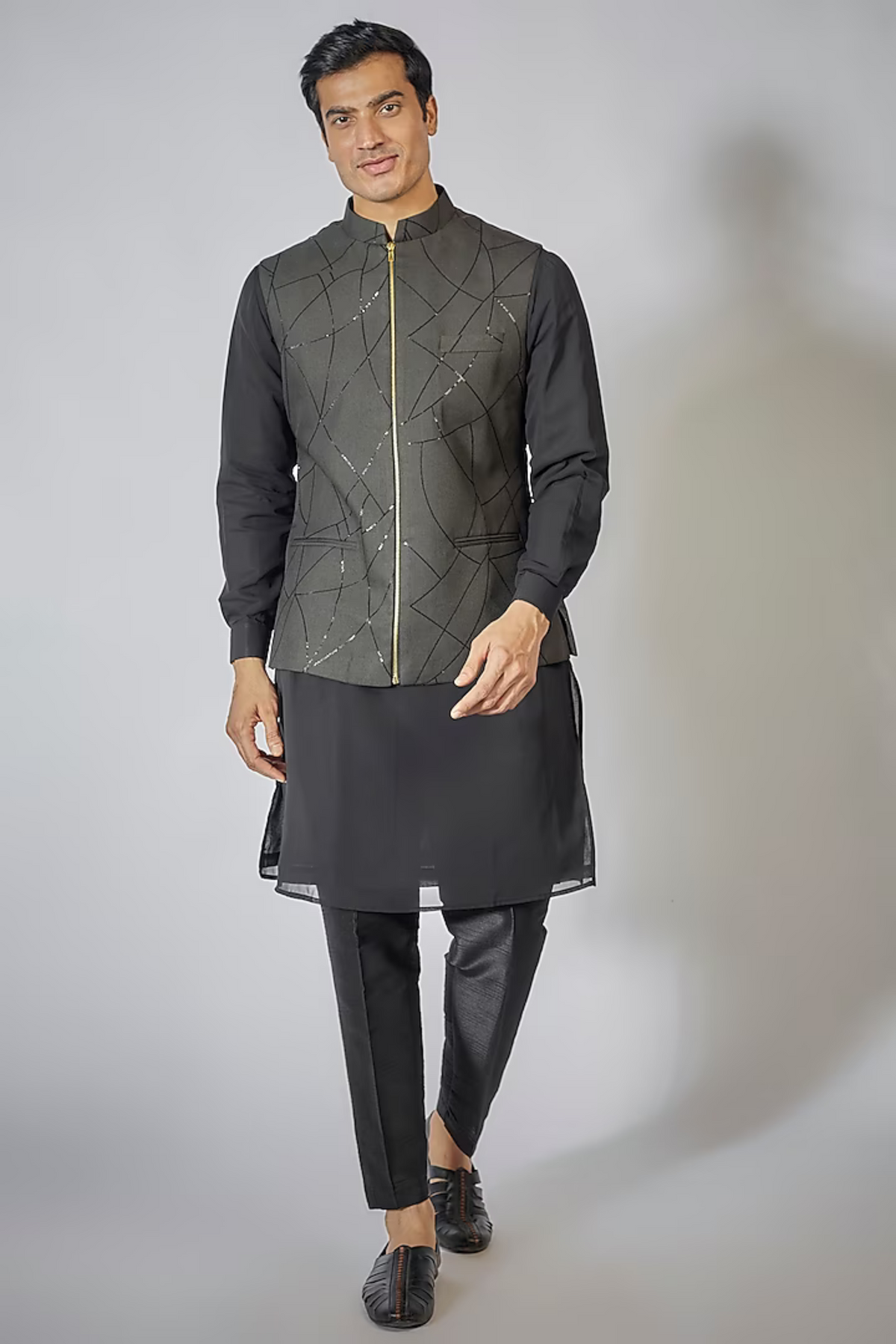 Black Zipper Kurta Jacket Set