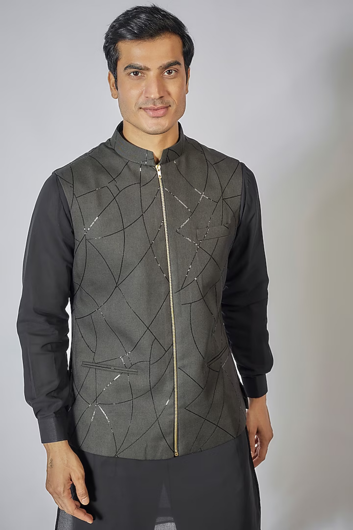 Black Zipper Kurta Jacket Set