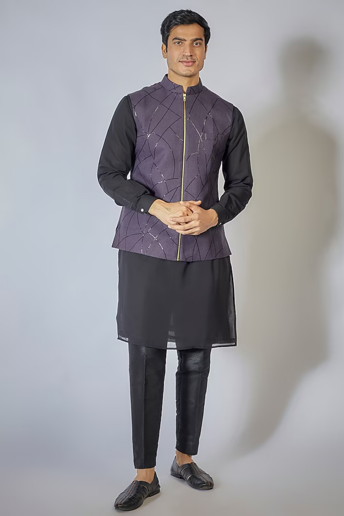 Wine Zipper Kurta Jacket Set