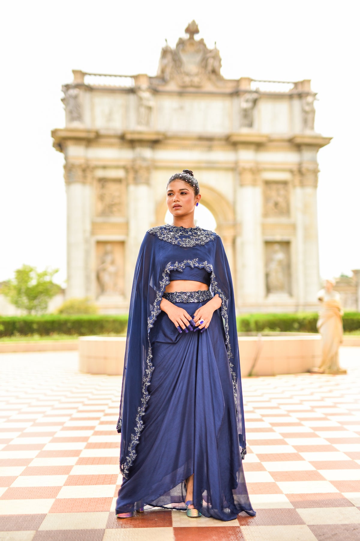 Dark Blue Embroidery Cape Set