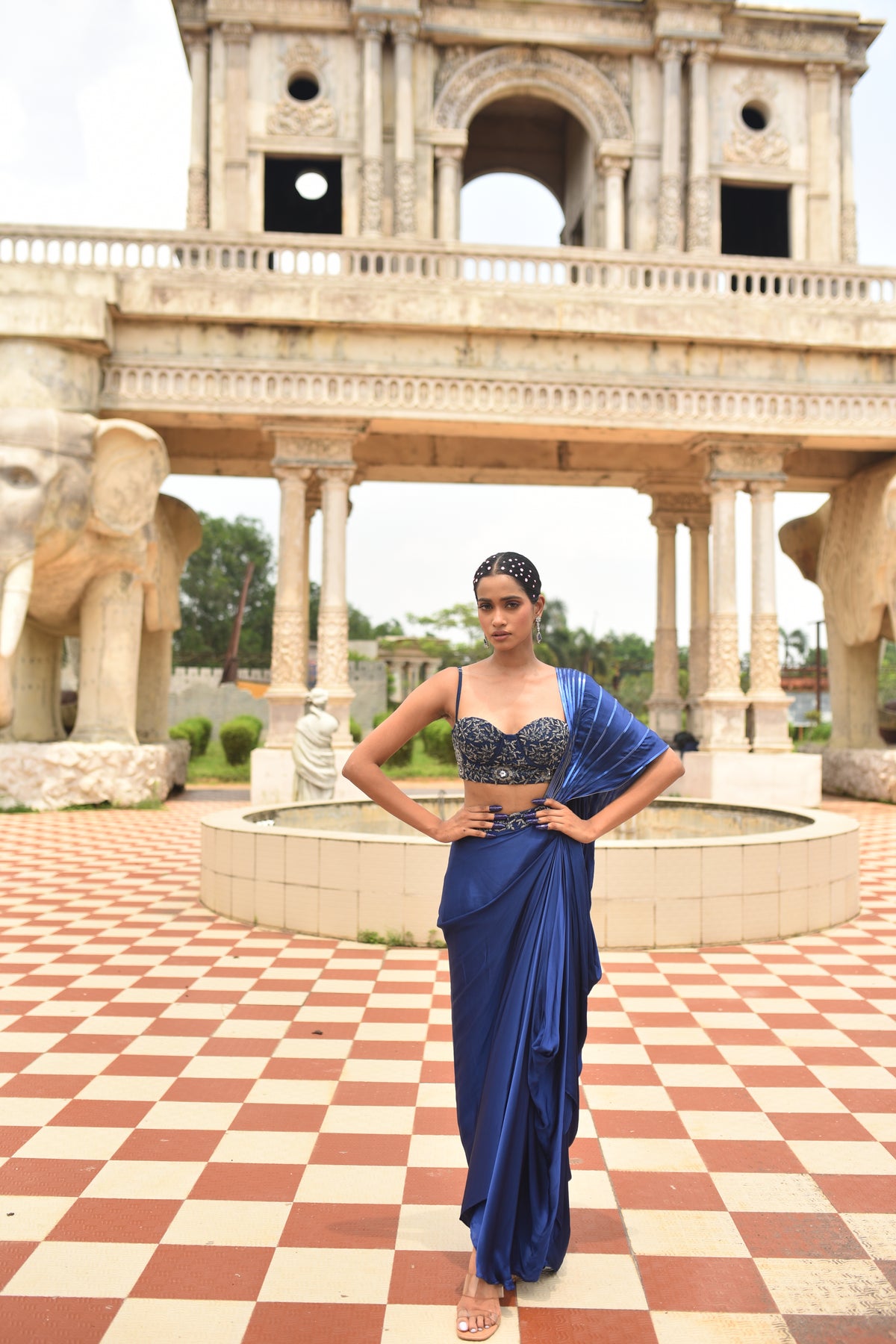 Dark Blue Draped Saree Set