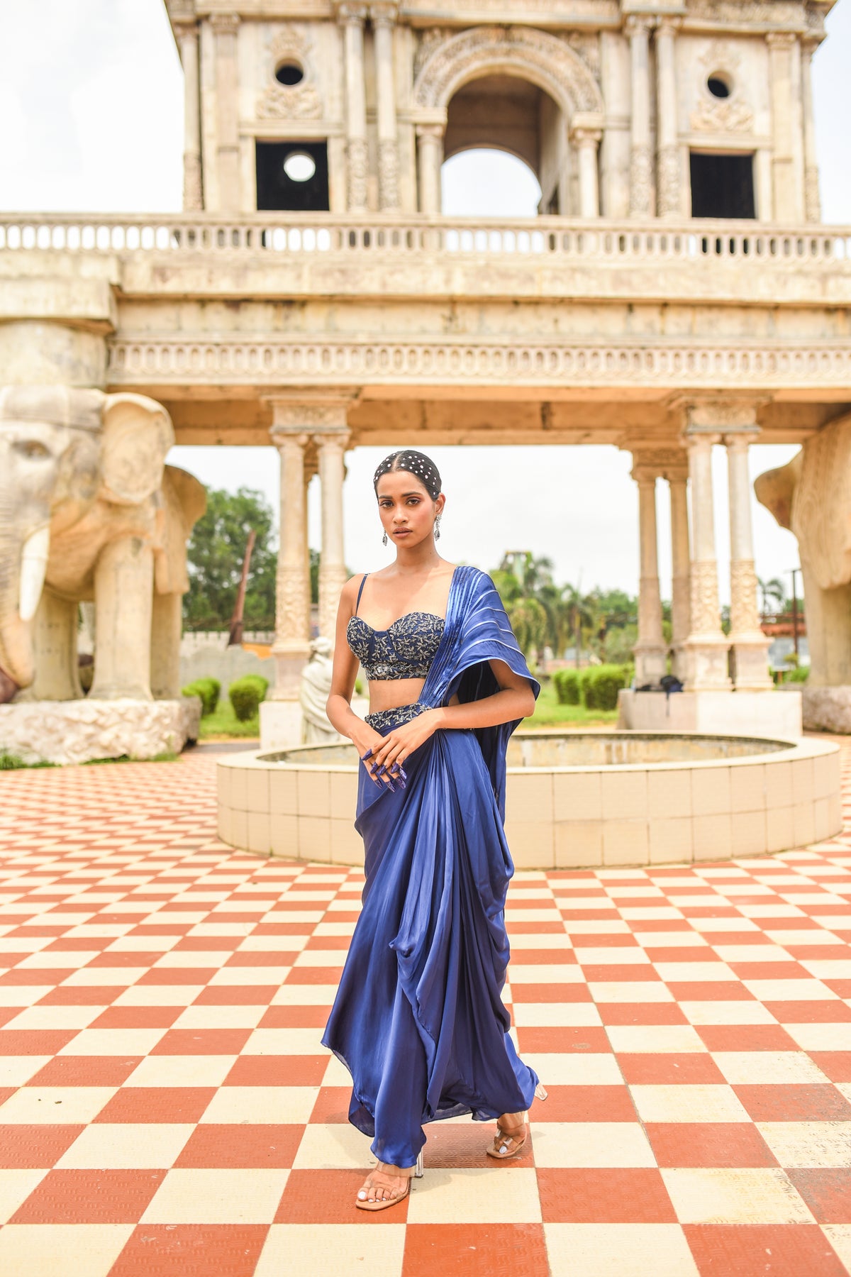 Dark Blue Draped Saree Set