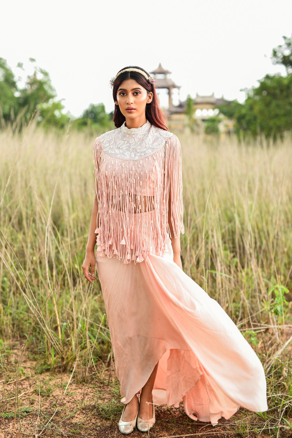 Peach Fringed Cape Set