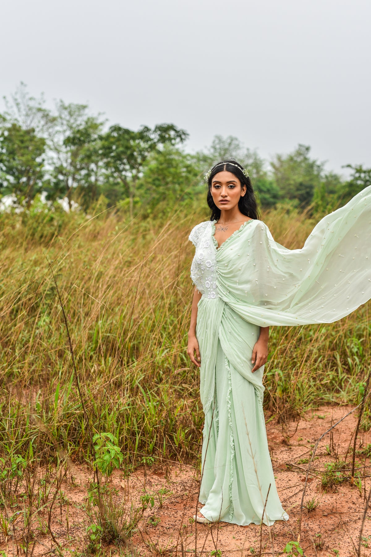 Mint Draped Saree Set