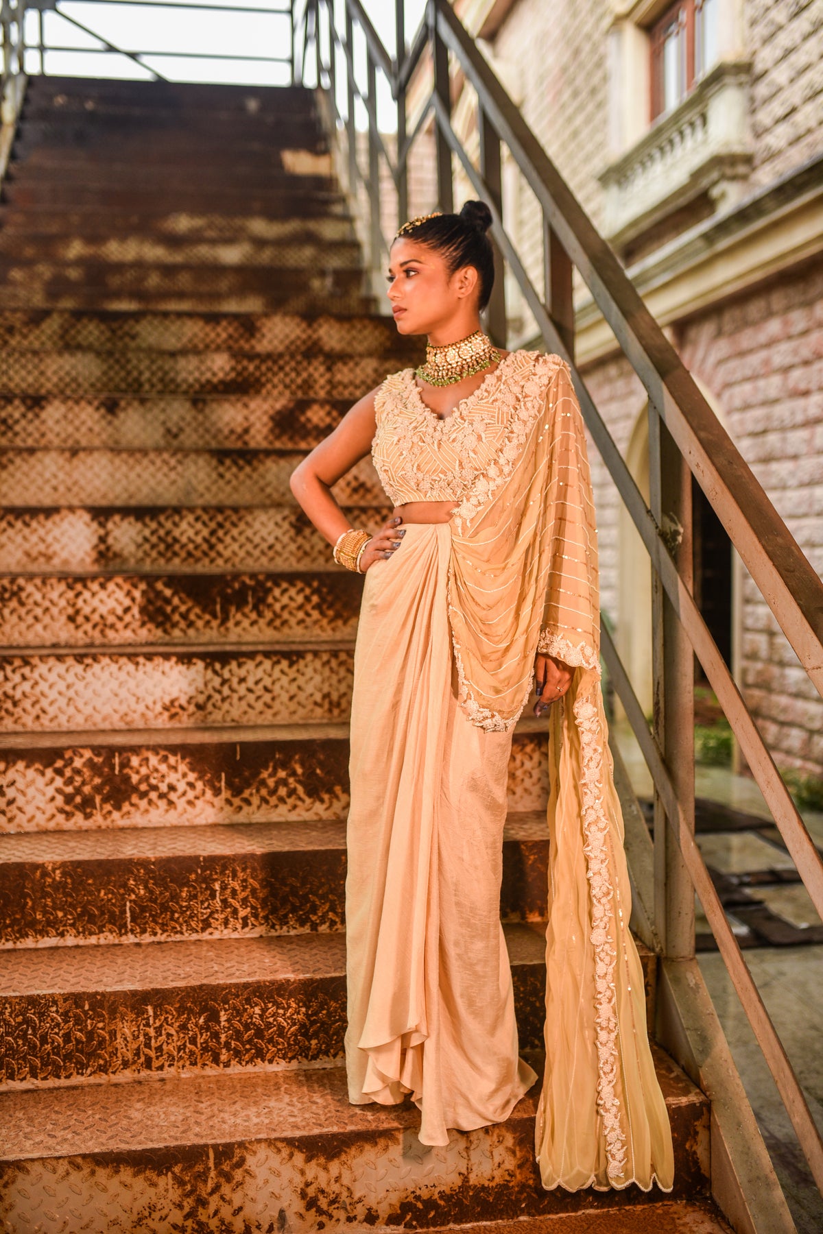 Beige Organza Draped Saree Set