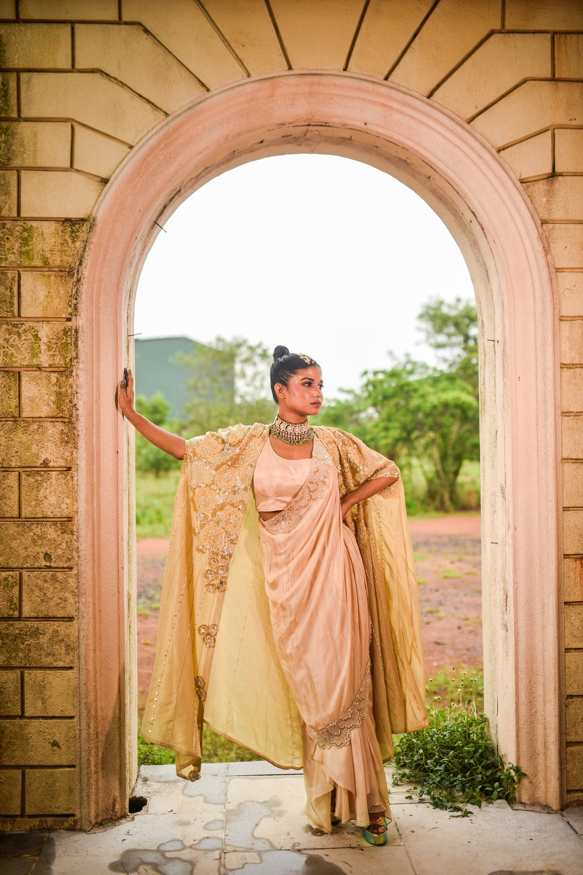 Gold Draped Saree Set