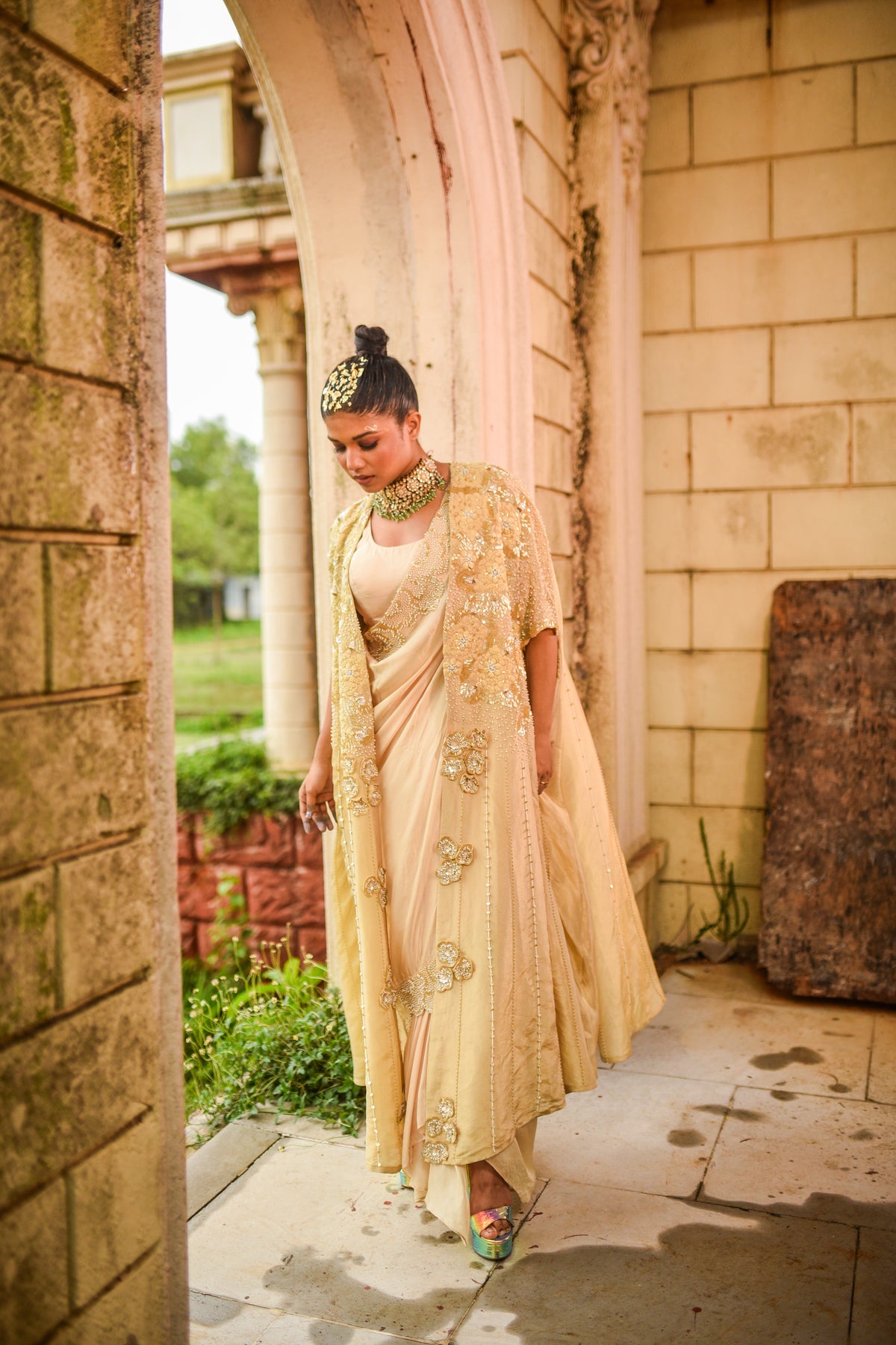 Gold Draped Saree Set