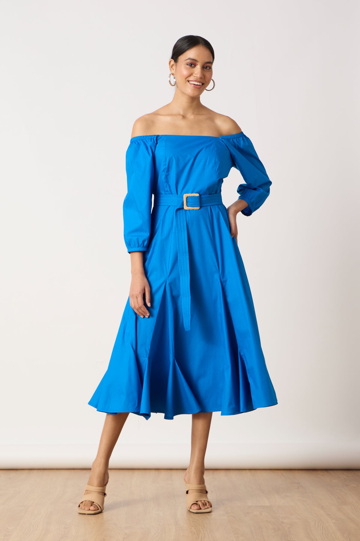 Raina Godet Aster Blue Midi Dress