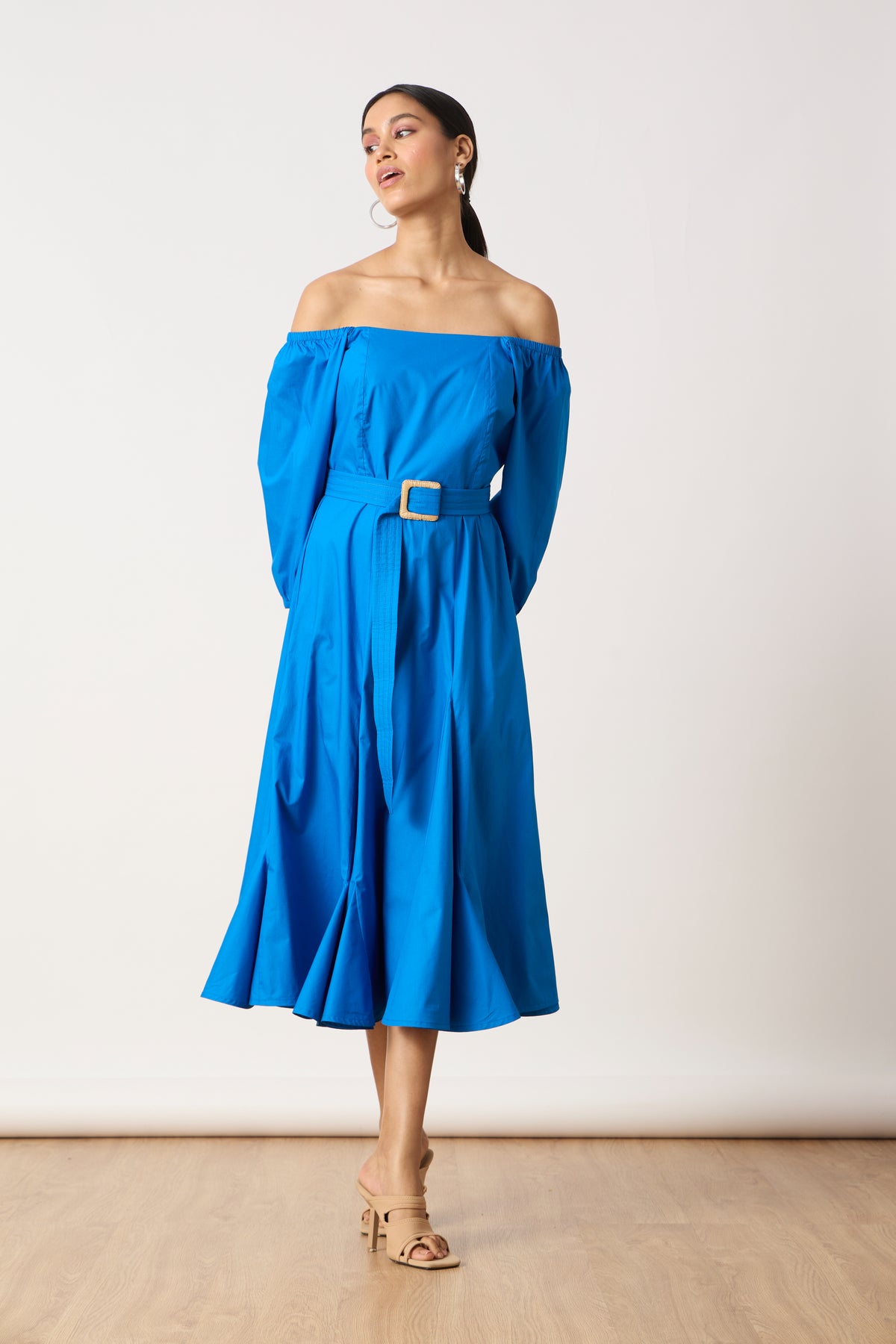 Raina Godet Aster Blue Midi Dress