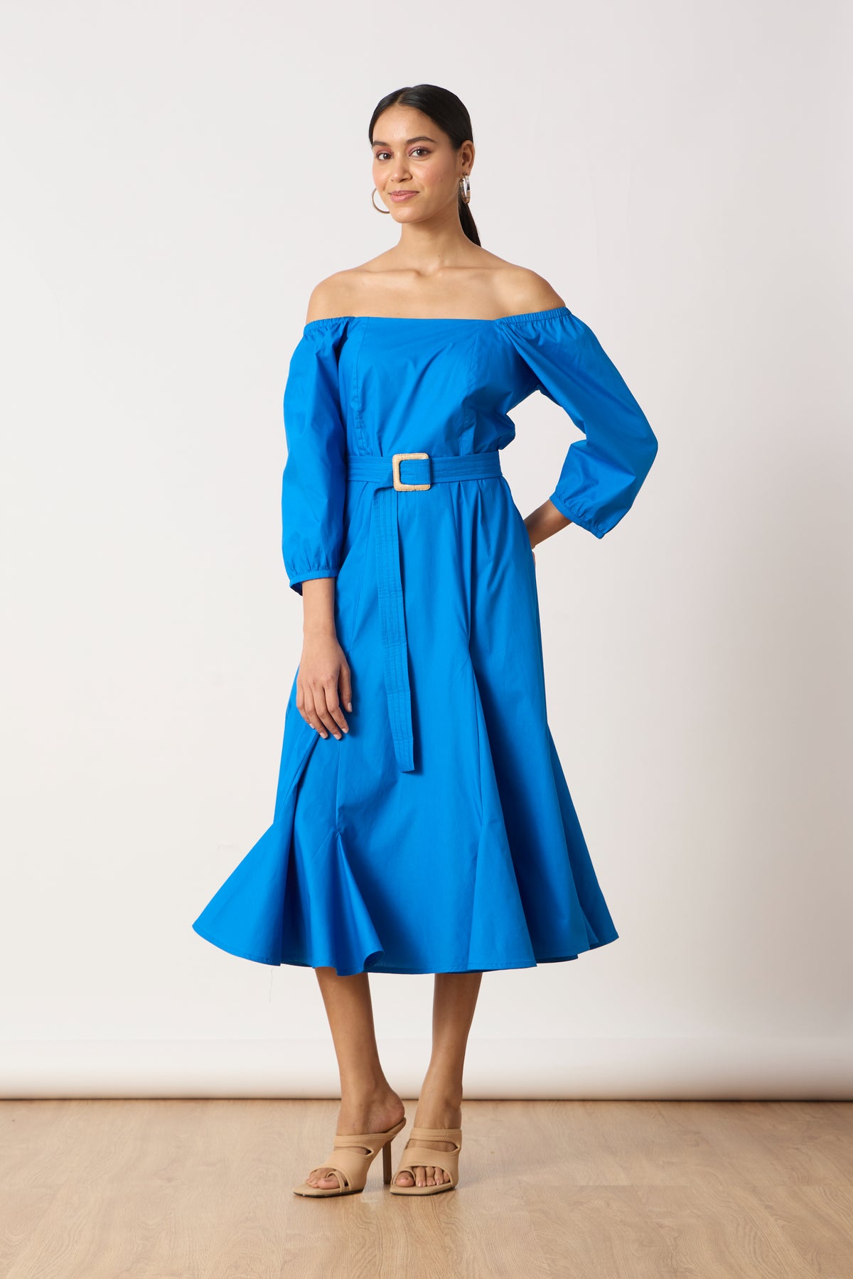 Raina Godet Aster Blue Midi Dress