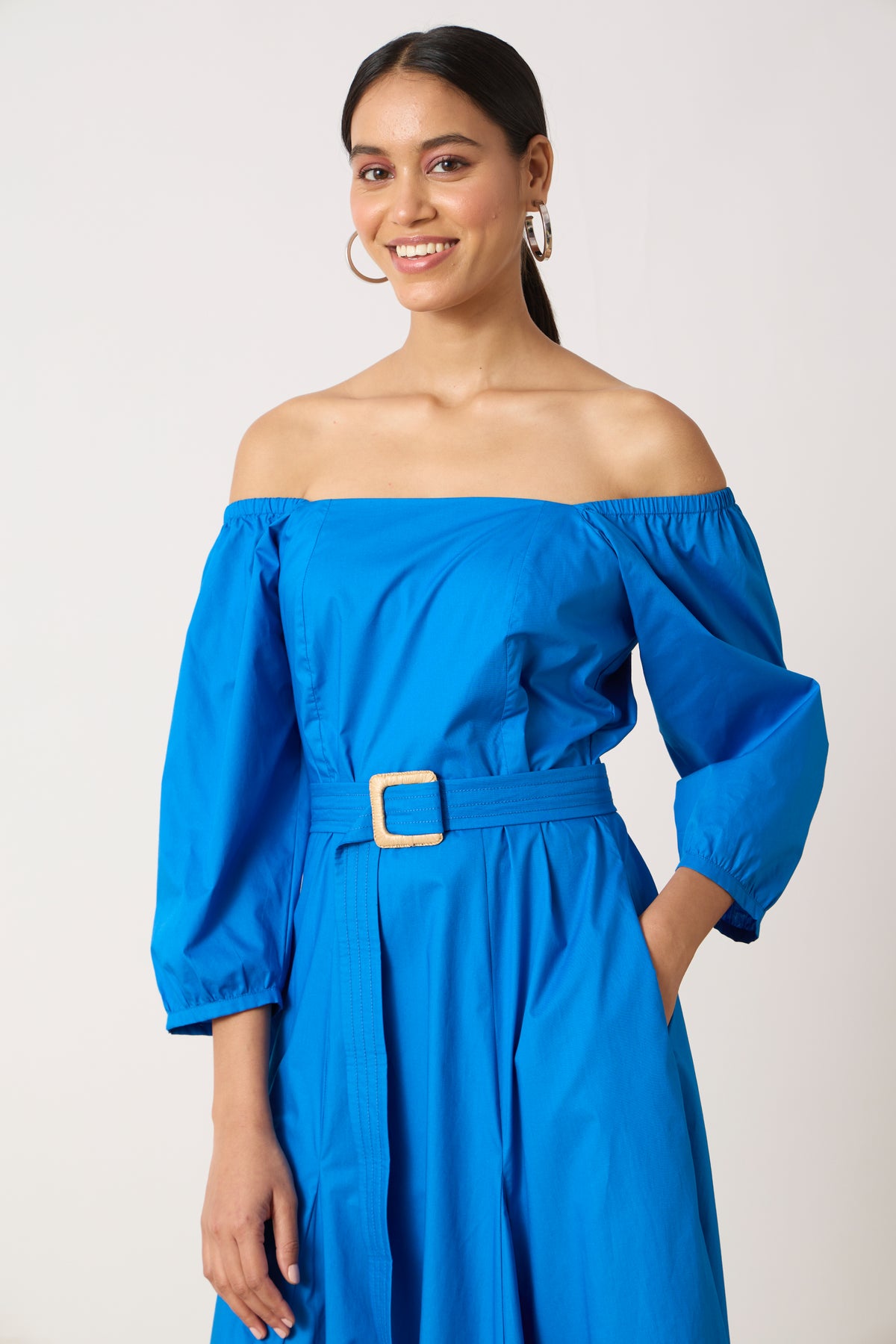 Raina Godet Aster Blue Midi Dress