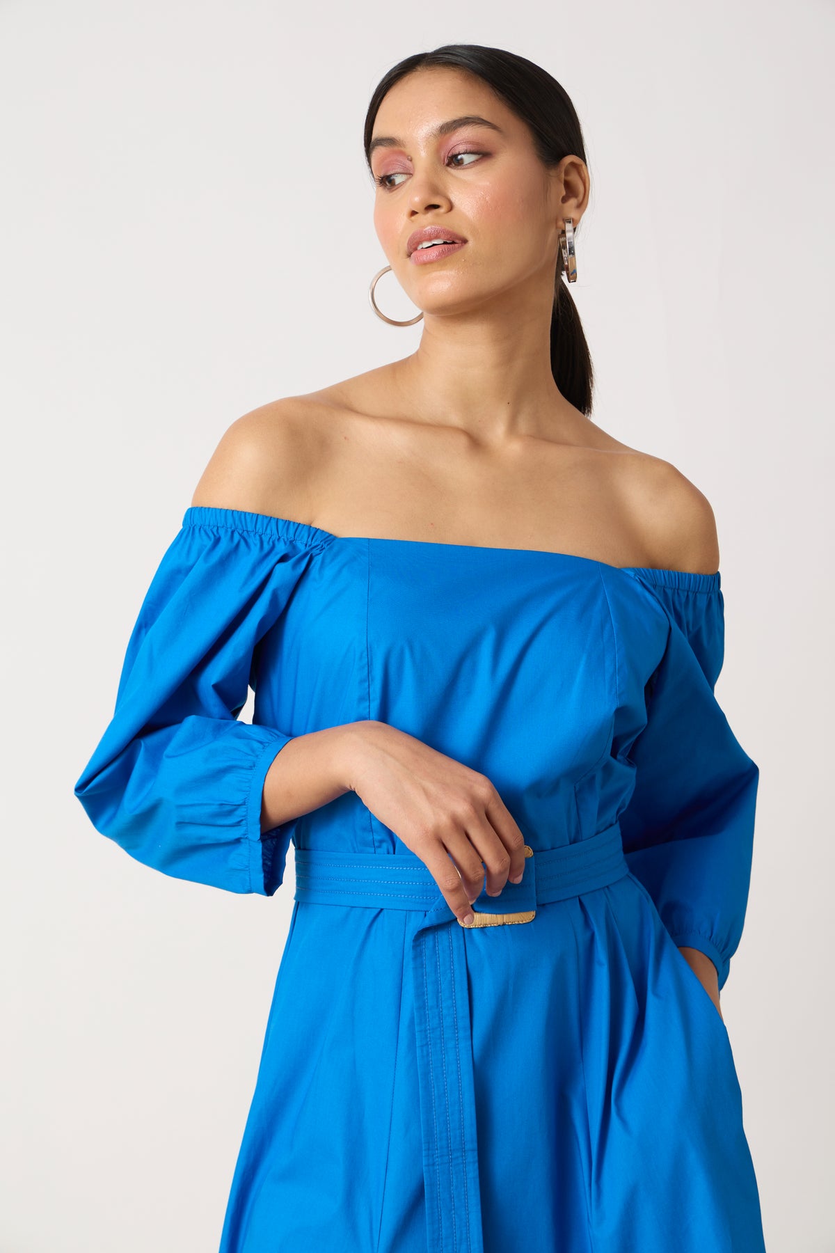 Raina Godet Aster Blue Midi Dress