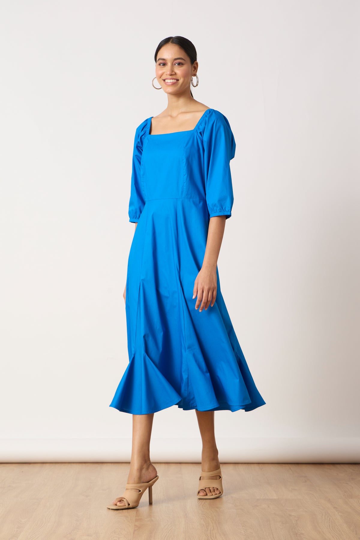 Raina Godet Aster Blue Midi Dress