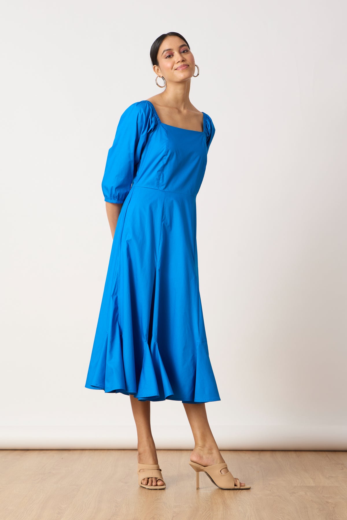 Raina Godet Aster Blue Midi Dress