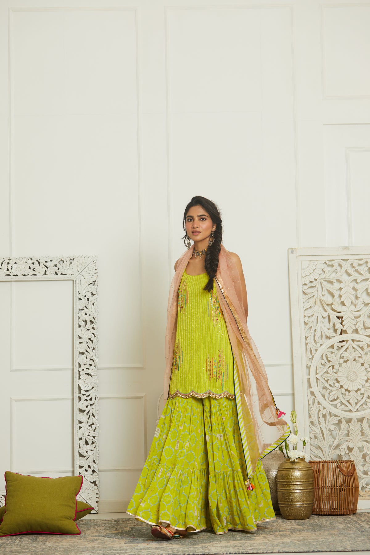 Bright Lime Sequin Gharara Set