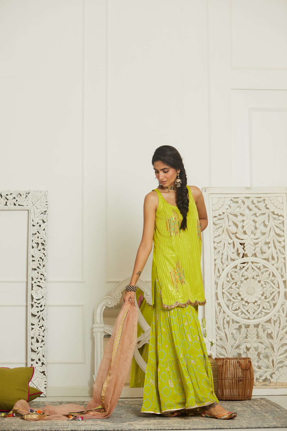 Bright Lime Sequin Gharara Set