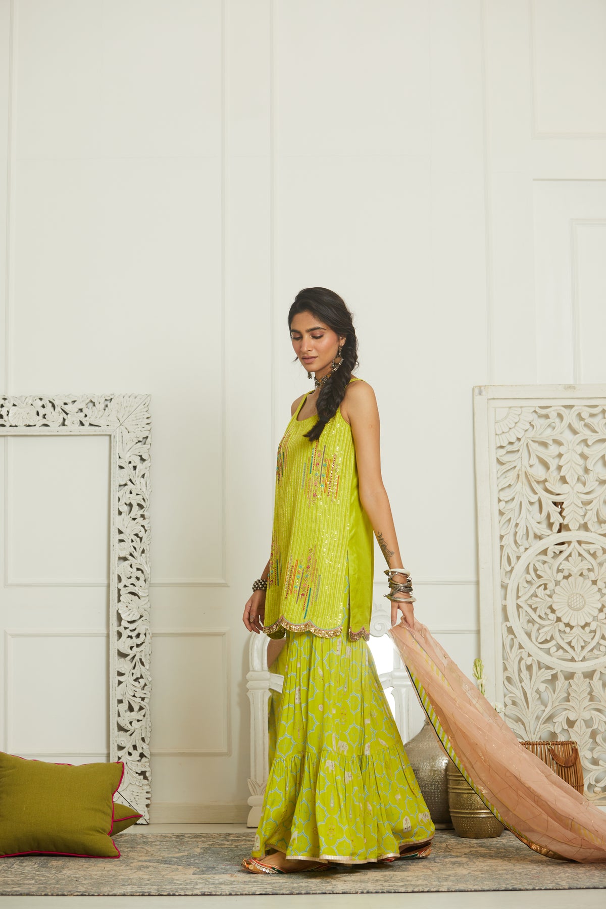 Bright Lime Sequin Gharara Set