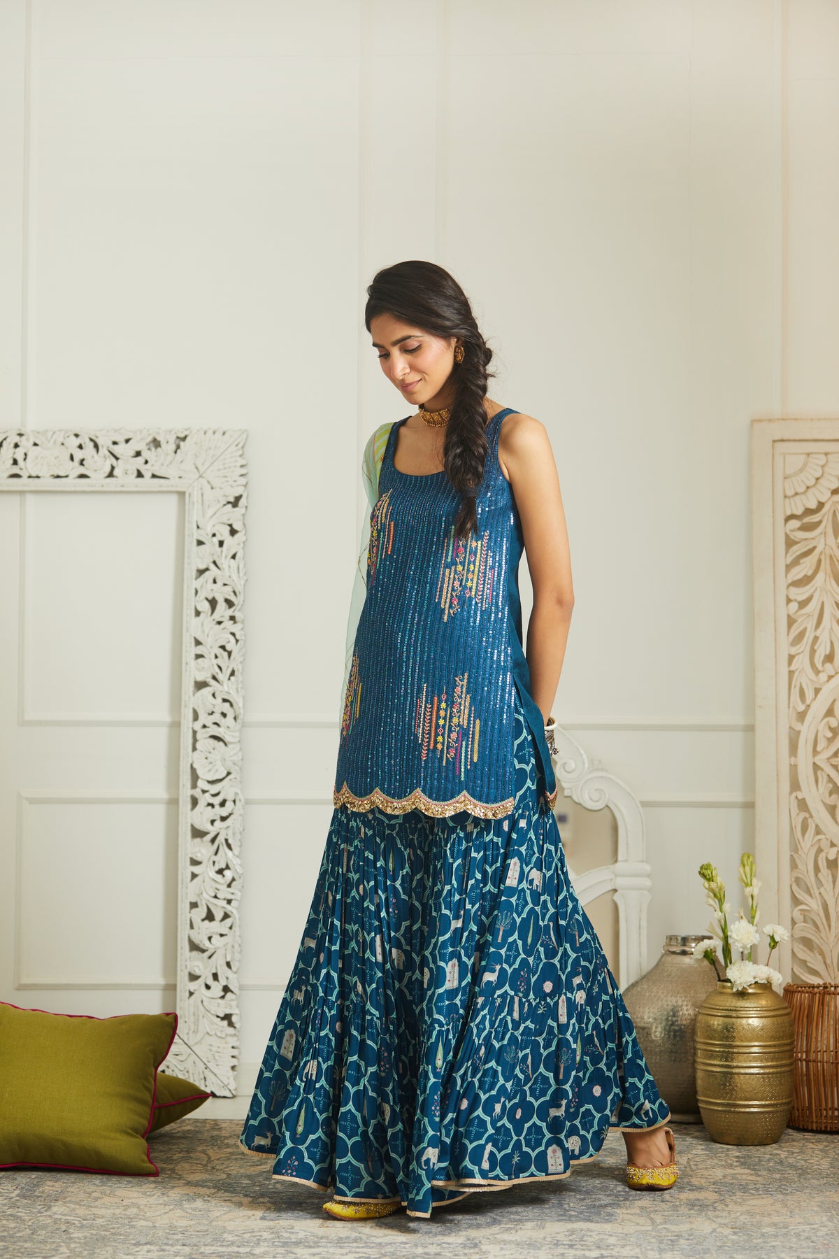 Teal blue sequin gharara set