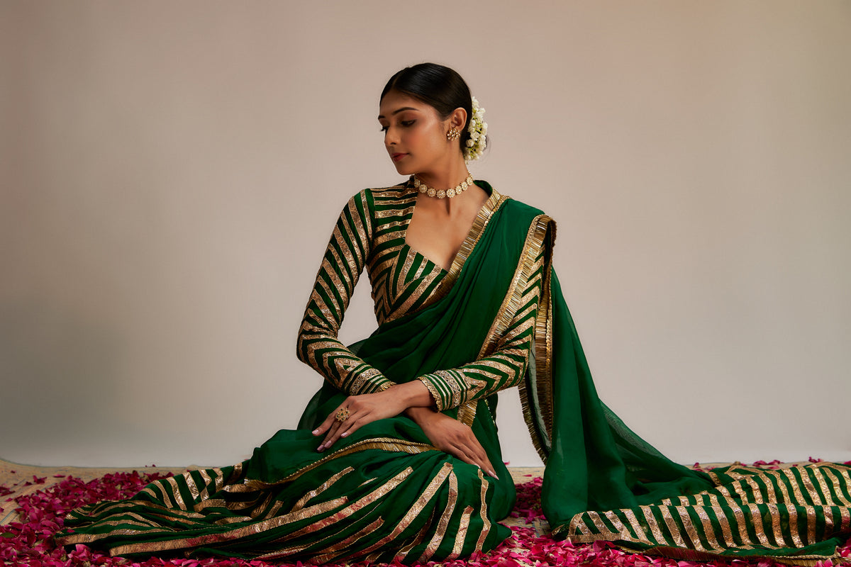 Dark green gota saree