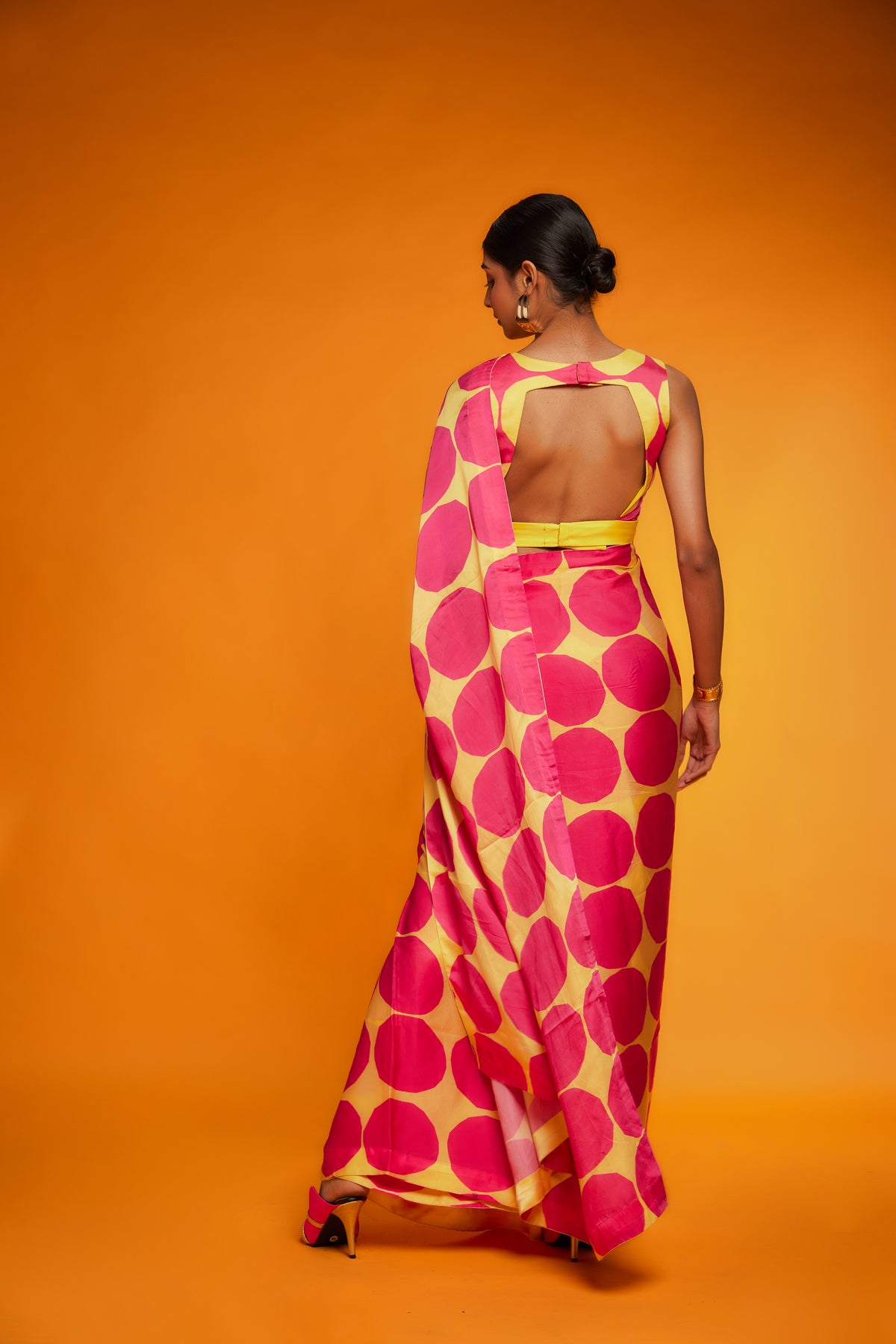 Pink yellow polka printed saree