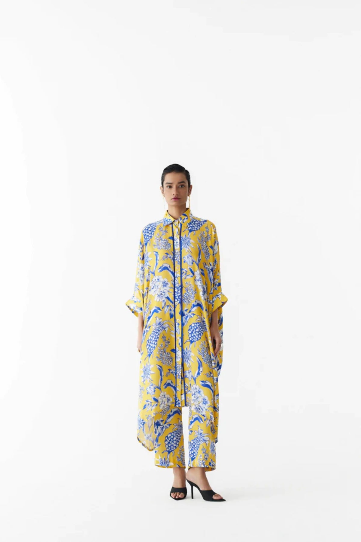 Yellow Pineapple  Front Button Kimono And Pants Co-ord