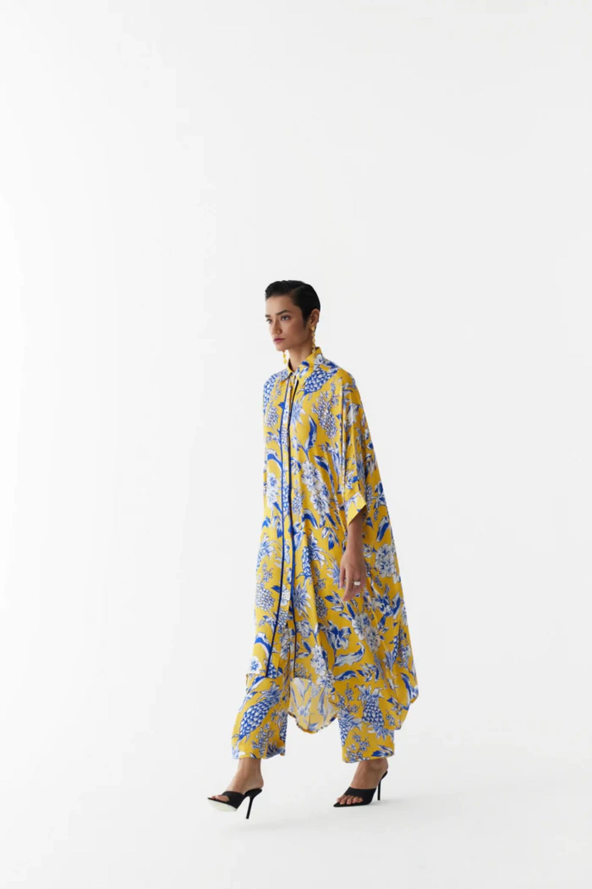 Yellow Pineapple  Front Button Kimono And Pants Co-ord