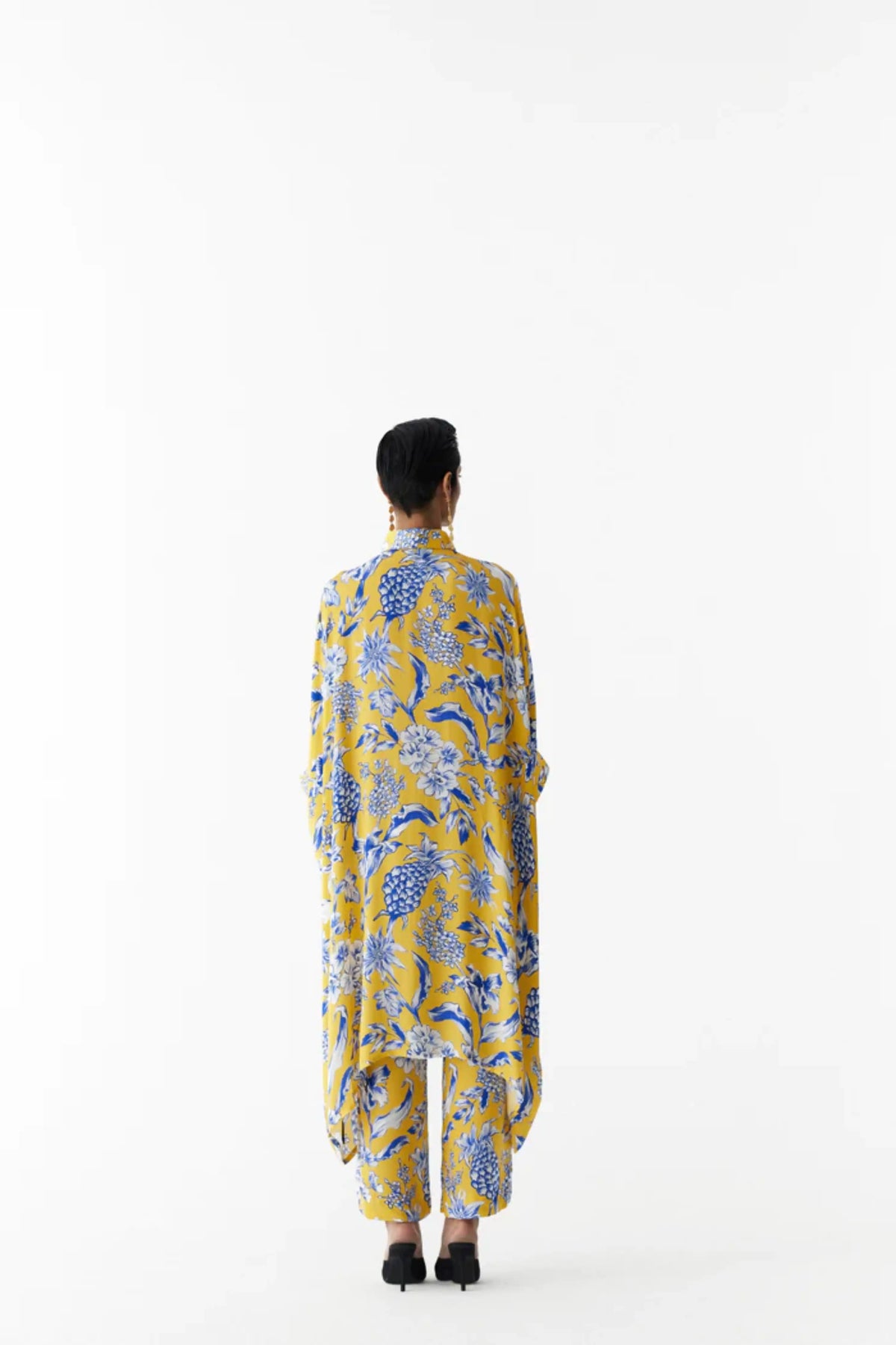 Yellow Pineapple  Front Button Kimono And Pants Co-ord