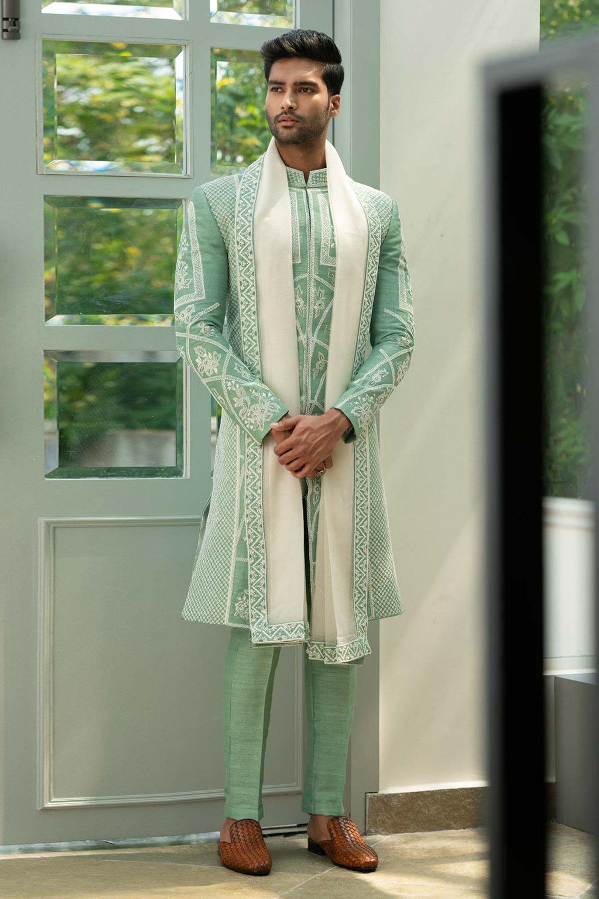 Art nouveau sea green sherwani set