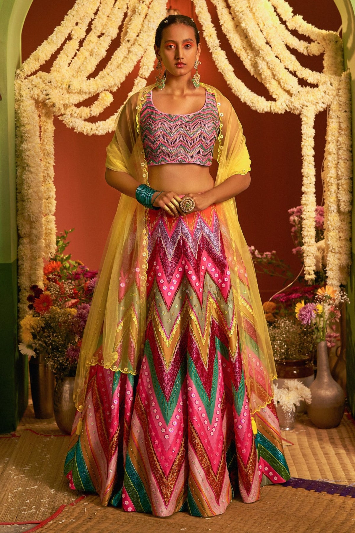 Signature Pink Chevron Embroidered Lehenga Set