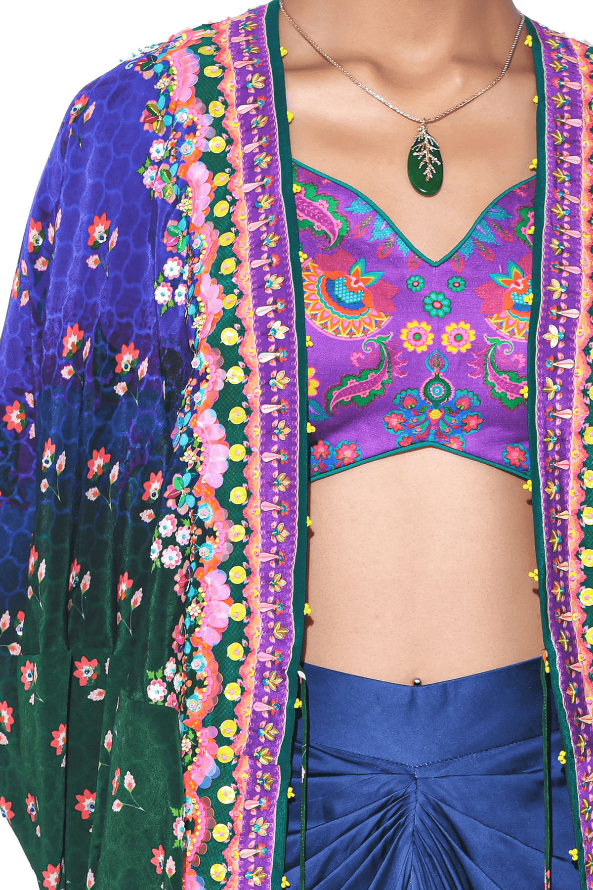 Blue, Green Ombre Hand Embroidered Shrug Set