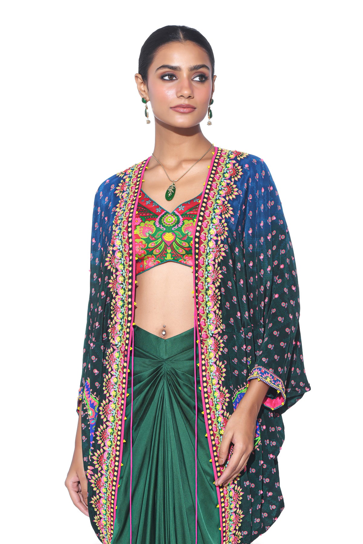 Ombre Oriental Blue Hand Embroidered Shrug Set