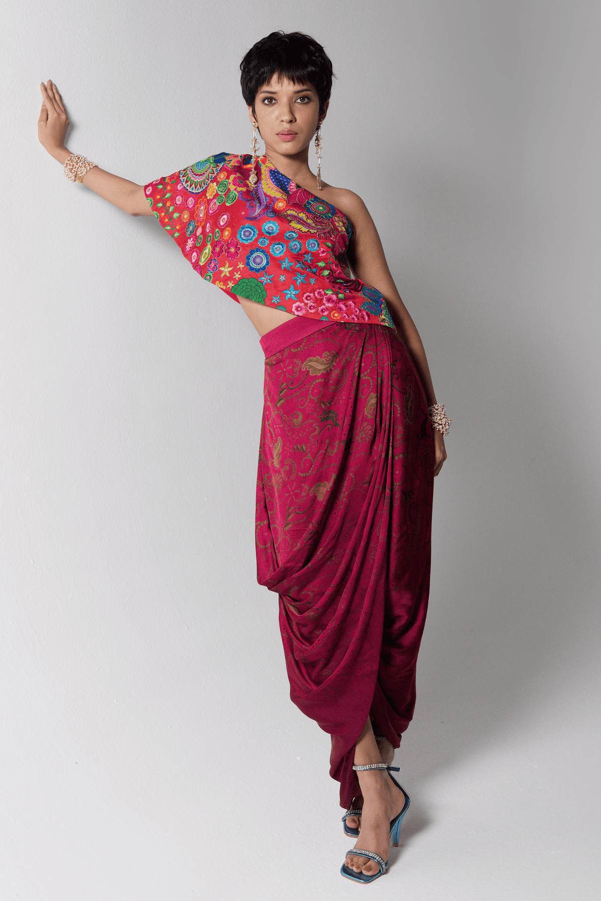 Crimson Red Embroidered One Shoulder Top and Drape Skirt