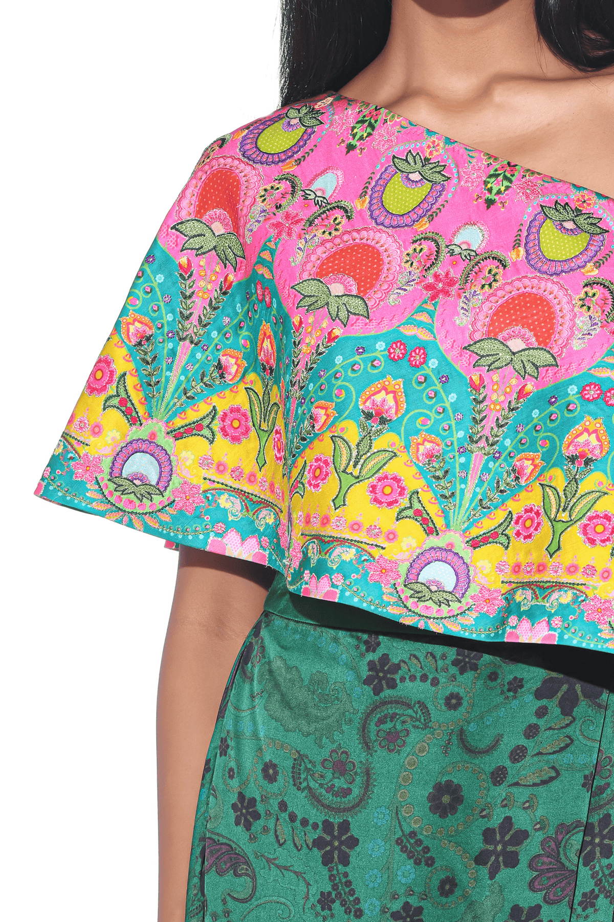 Pink and Teal Embroidered One Shoulder Top and Drape Skirt