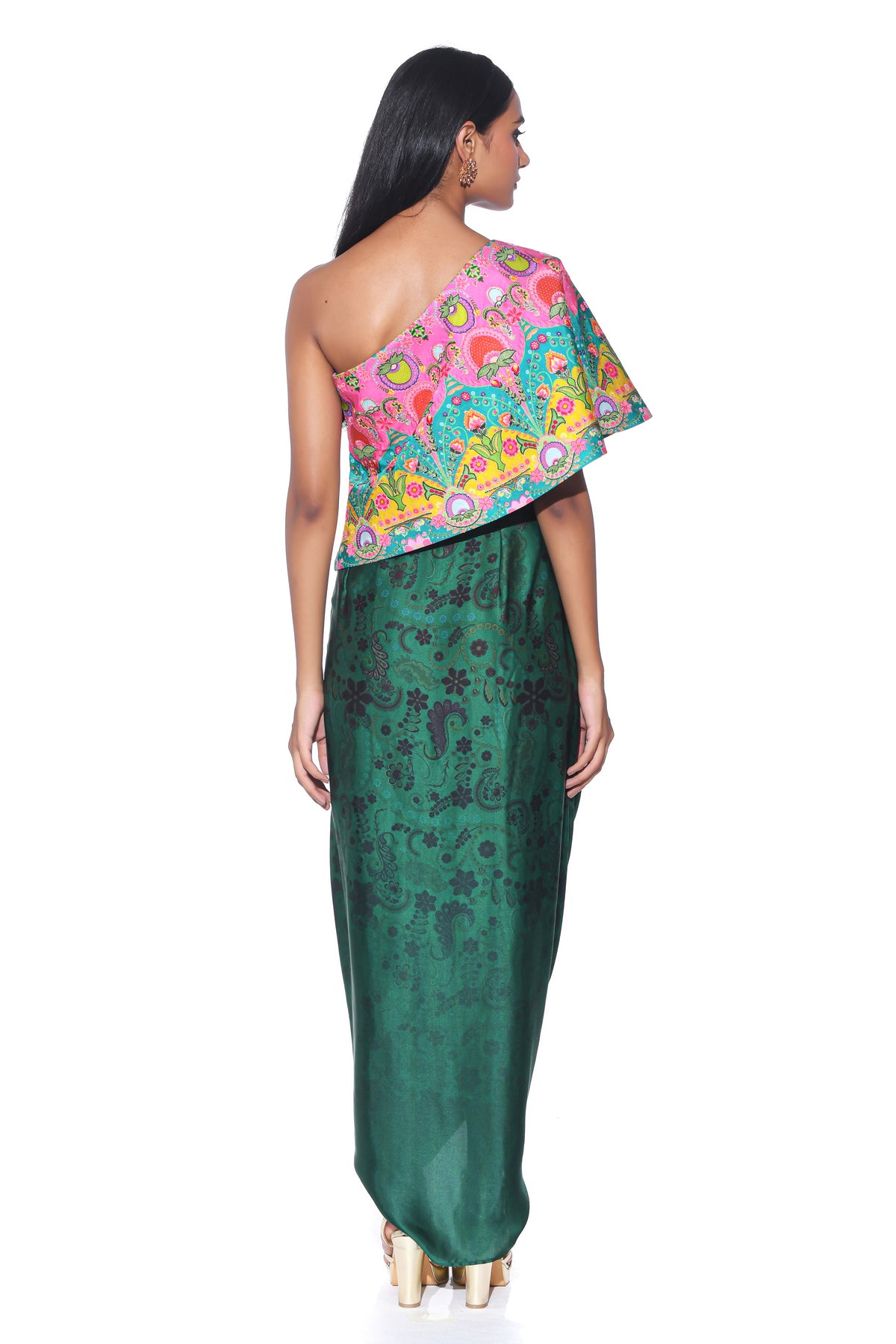 Pink and Teal Embroidered One Shoulder Top and Drape Skirt