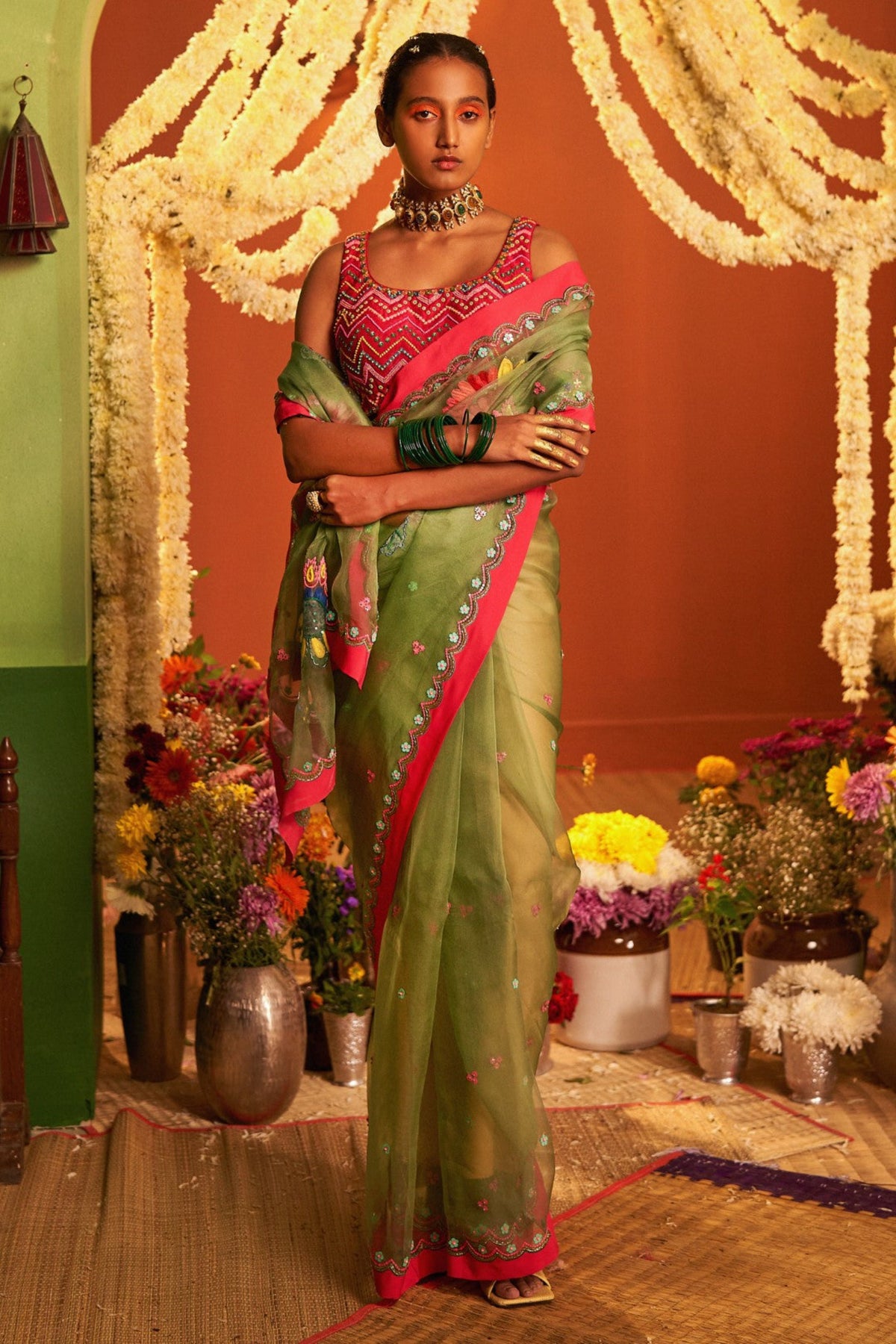 Sage green embroidered saree set