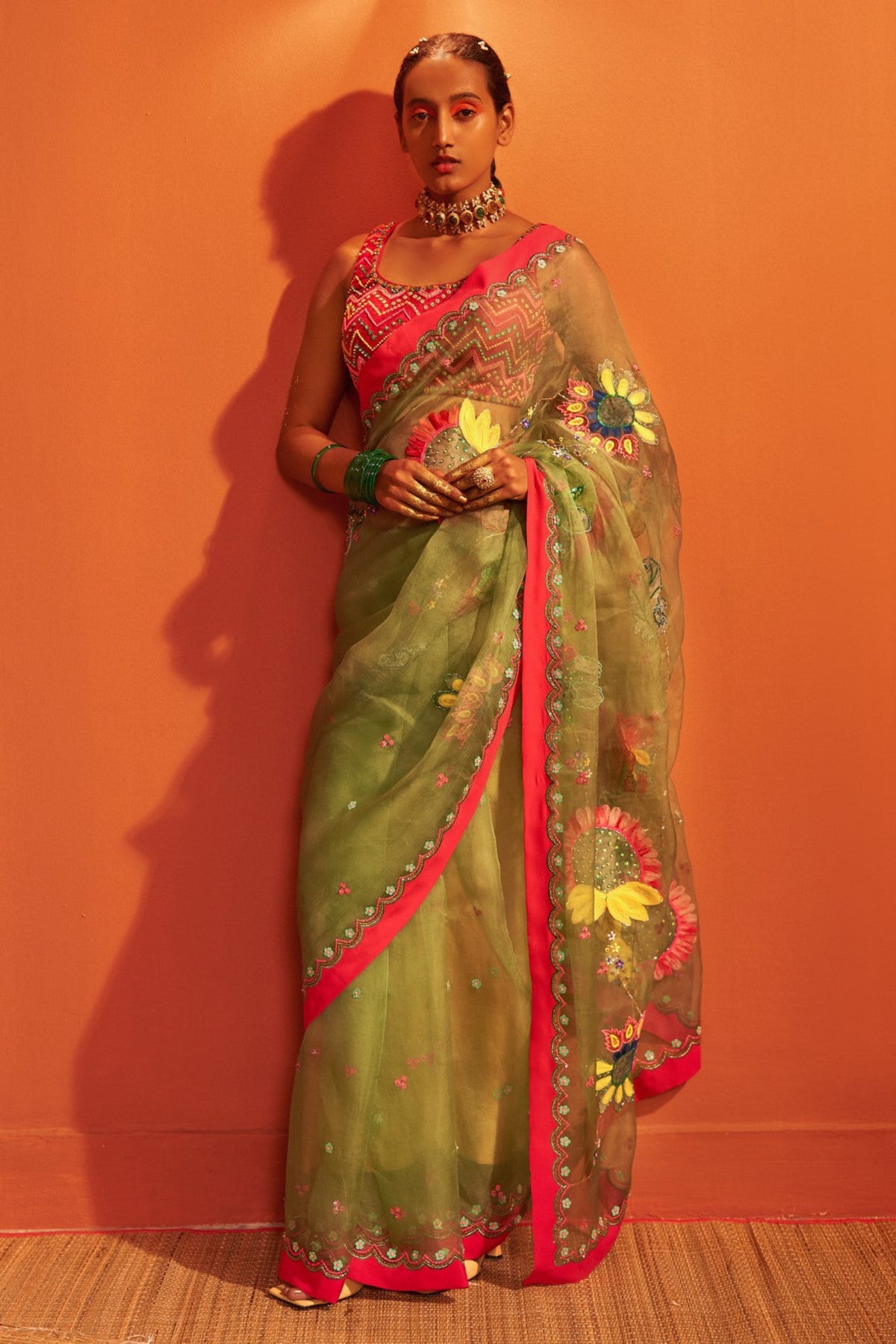 Sage green embroidered saree set