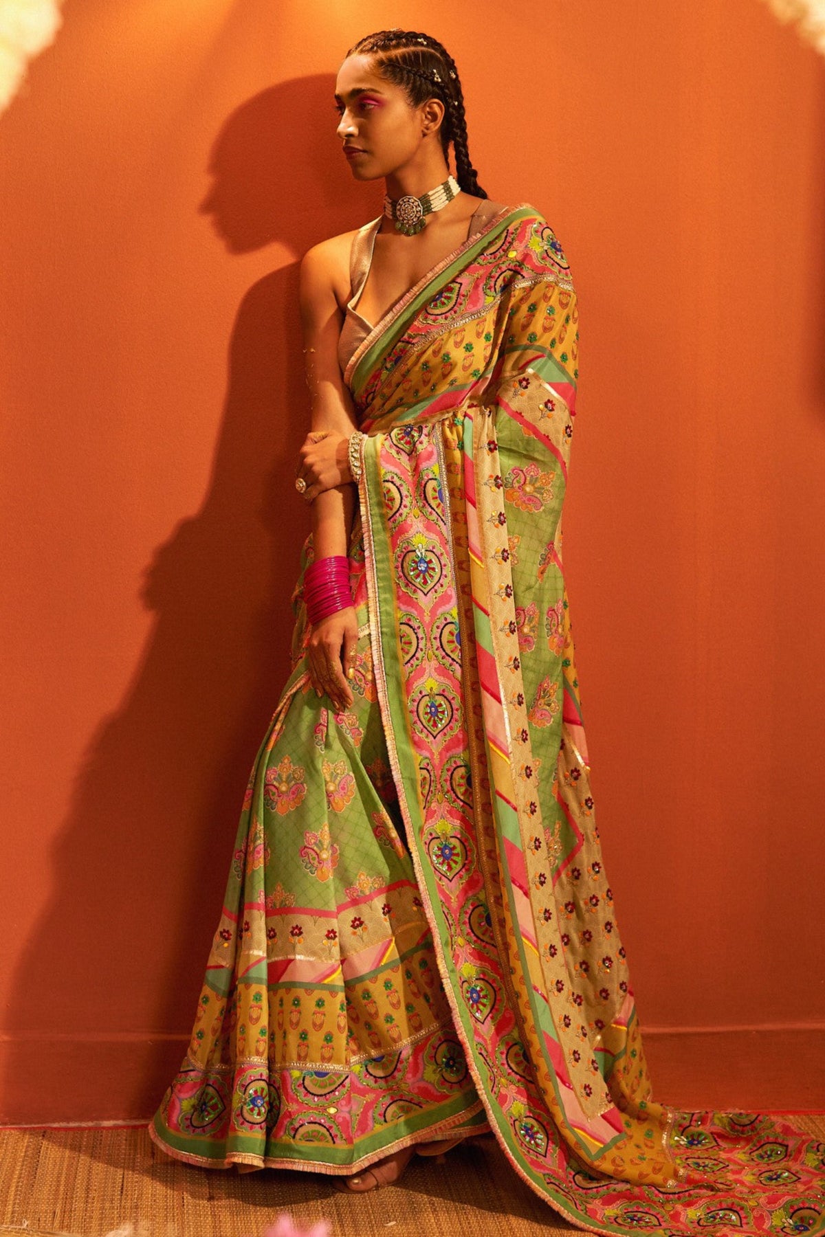 Sage green embroidered saree set